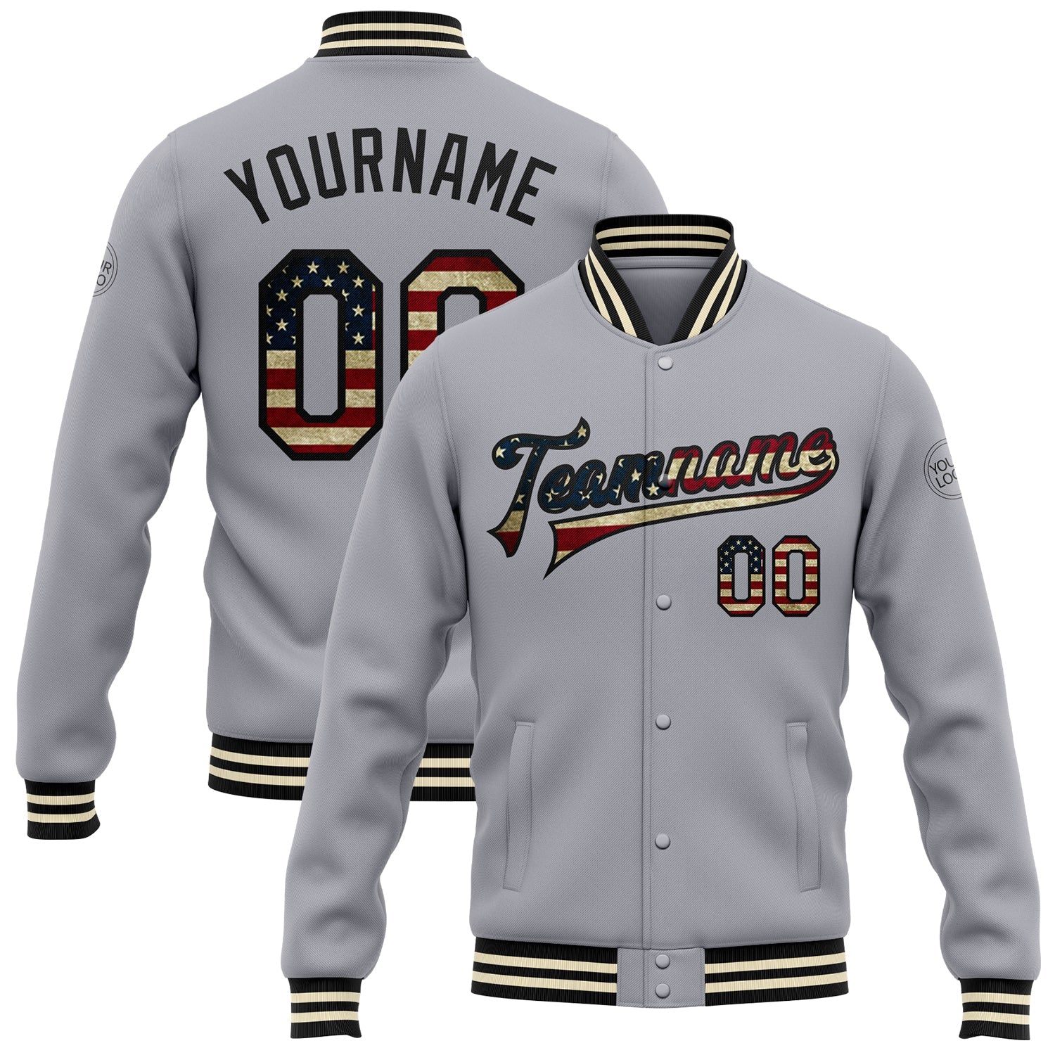 Custom Gray Vintage USA Flag Black-Cream Bomber Full-Snap Varsity Letterman Jacket - Main View