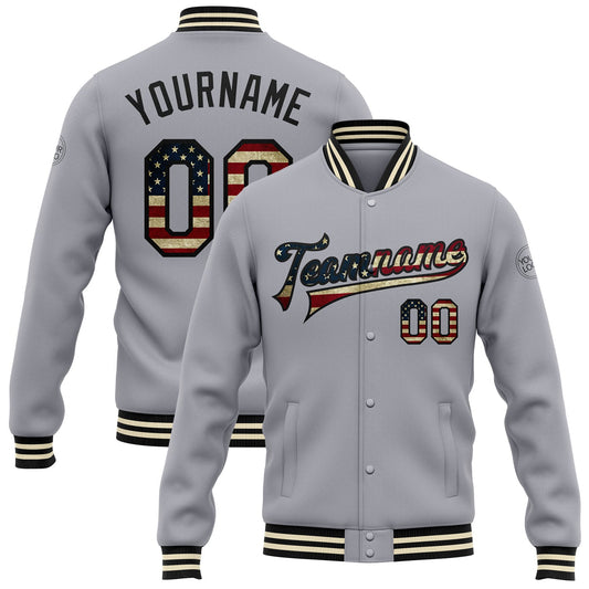 Custom Gray Vintage USA Flag Black-Cream Bomber Full-Snap Varsity Letterman Jacket - Main View
