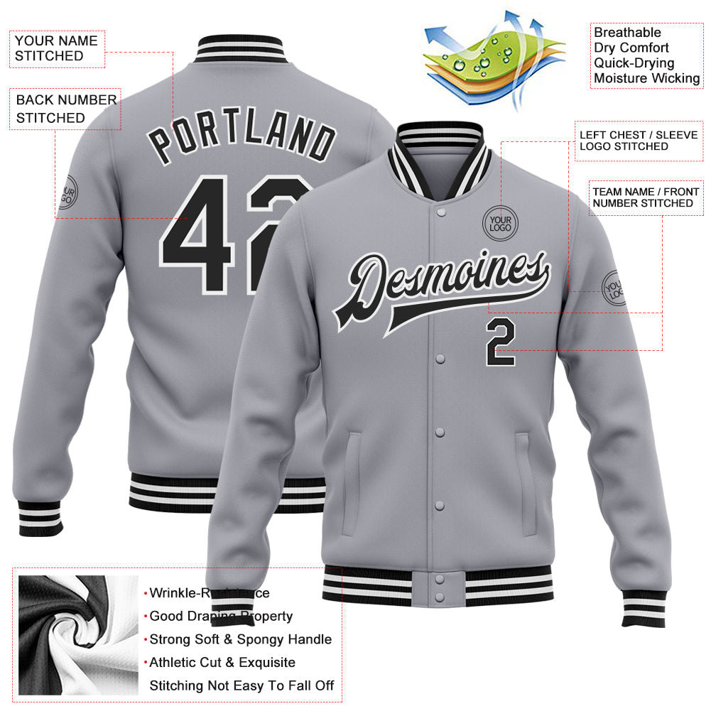 Custom Gray Black-White Bomber Full-Snap Varsity Letterman Jacket view 5