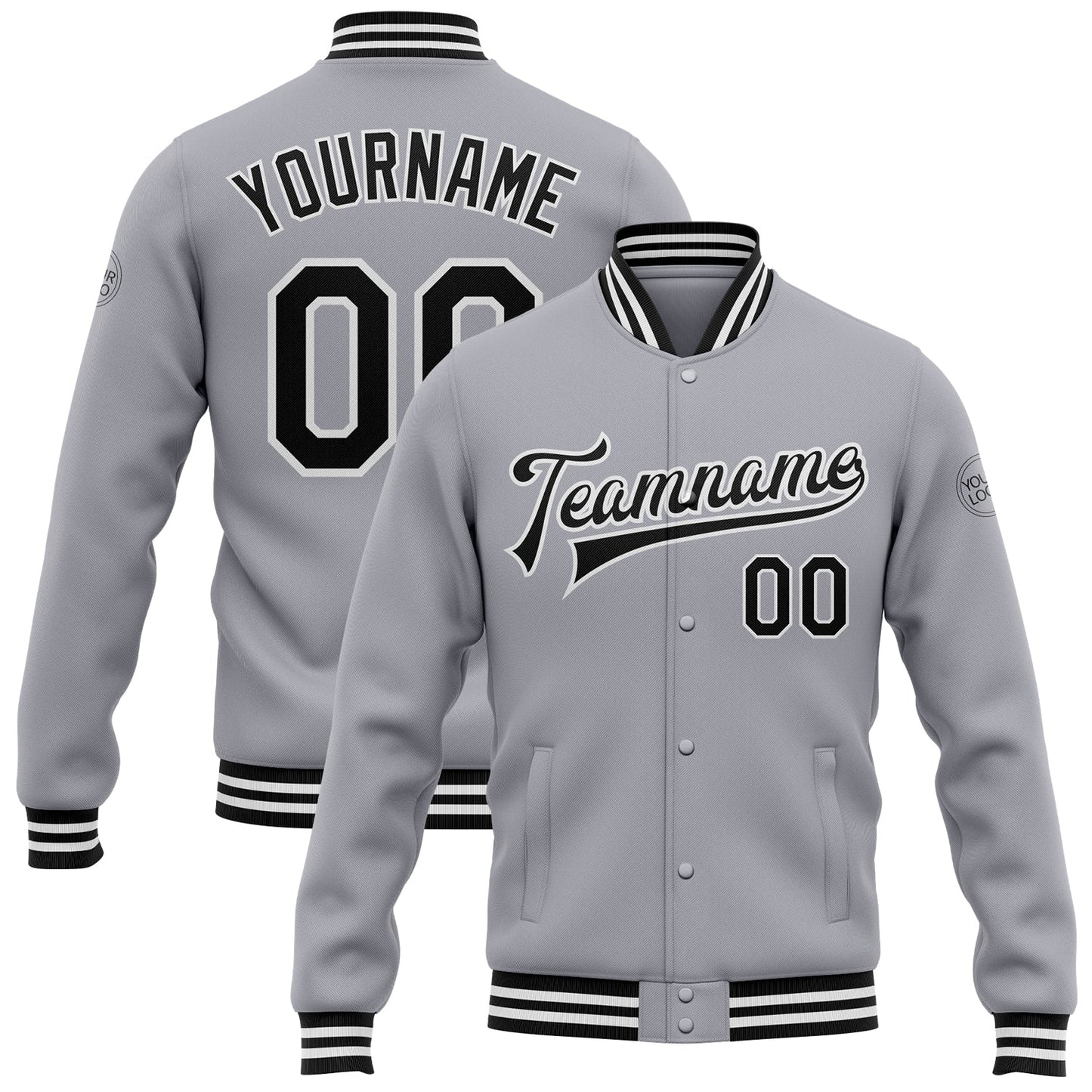 Custom Gray Black-White Bomber Full-Snap Varsity Letterman Jacket - Main View