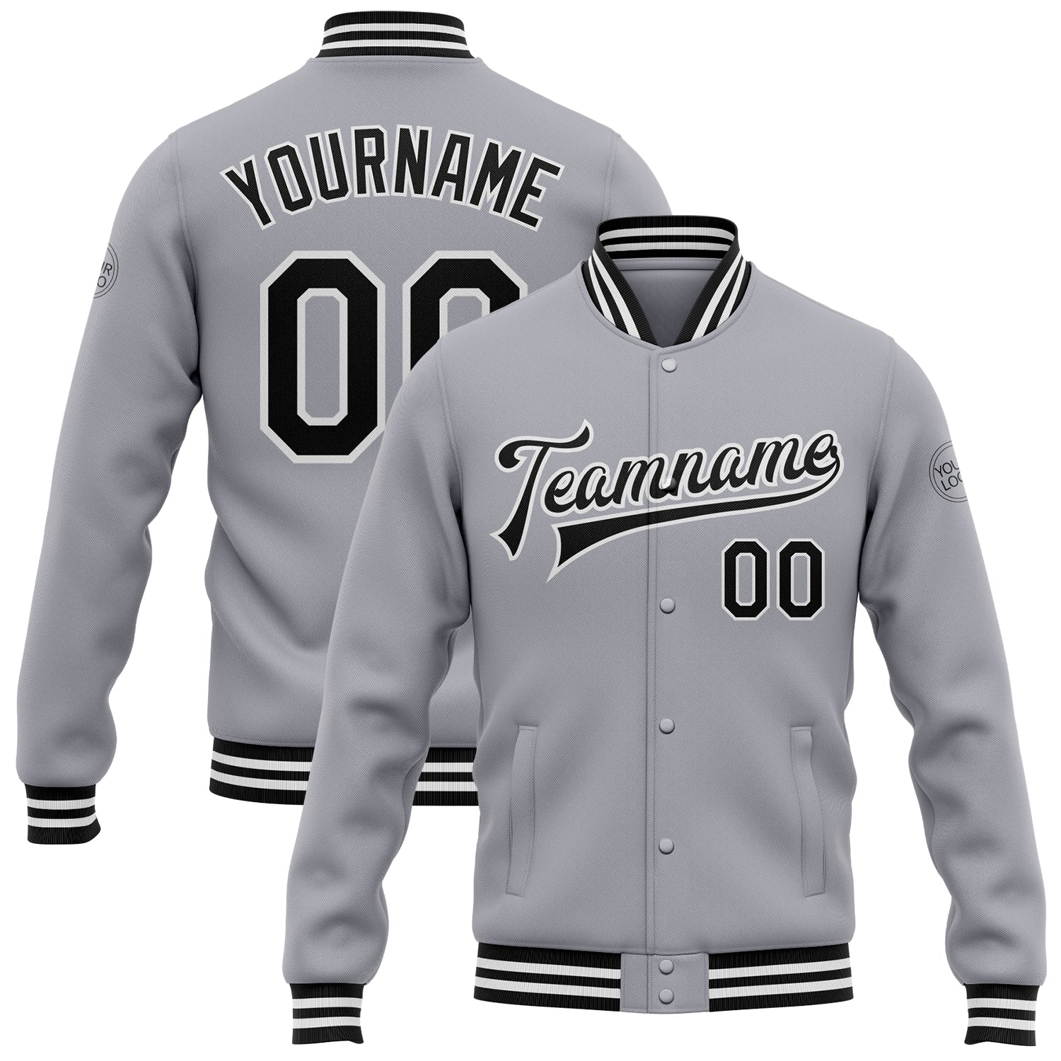 Custom Gray Black-White Bomber Full-Snap Varsity Letterman Jacket - Main View
