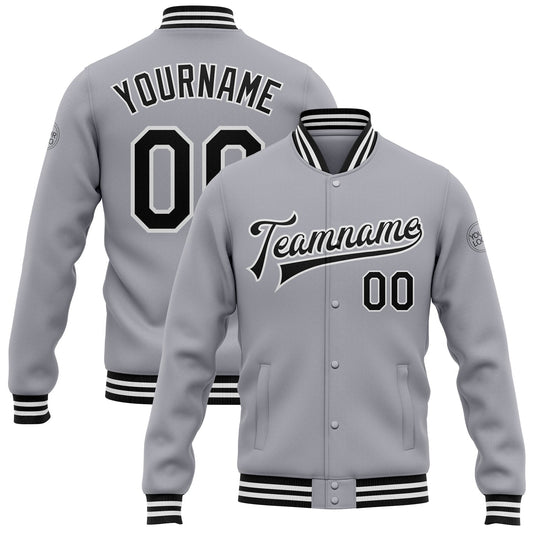 Custom Gray Black-White Bomber Full-Snap Varsity Letterman Jacket - Main View