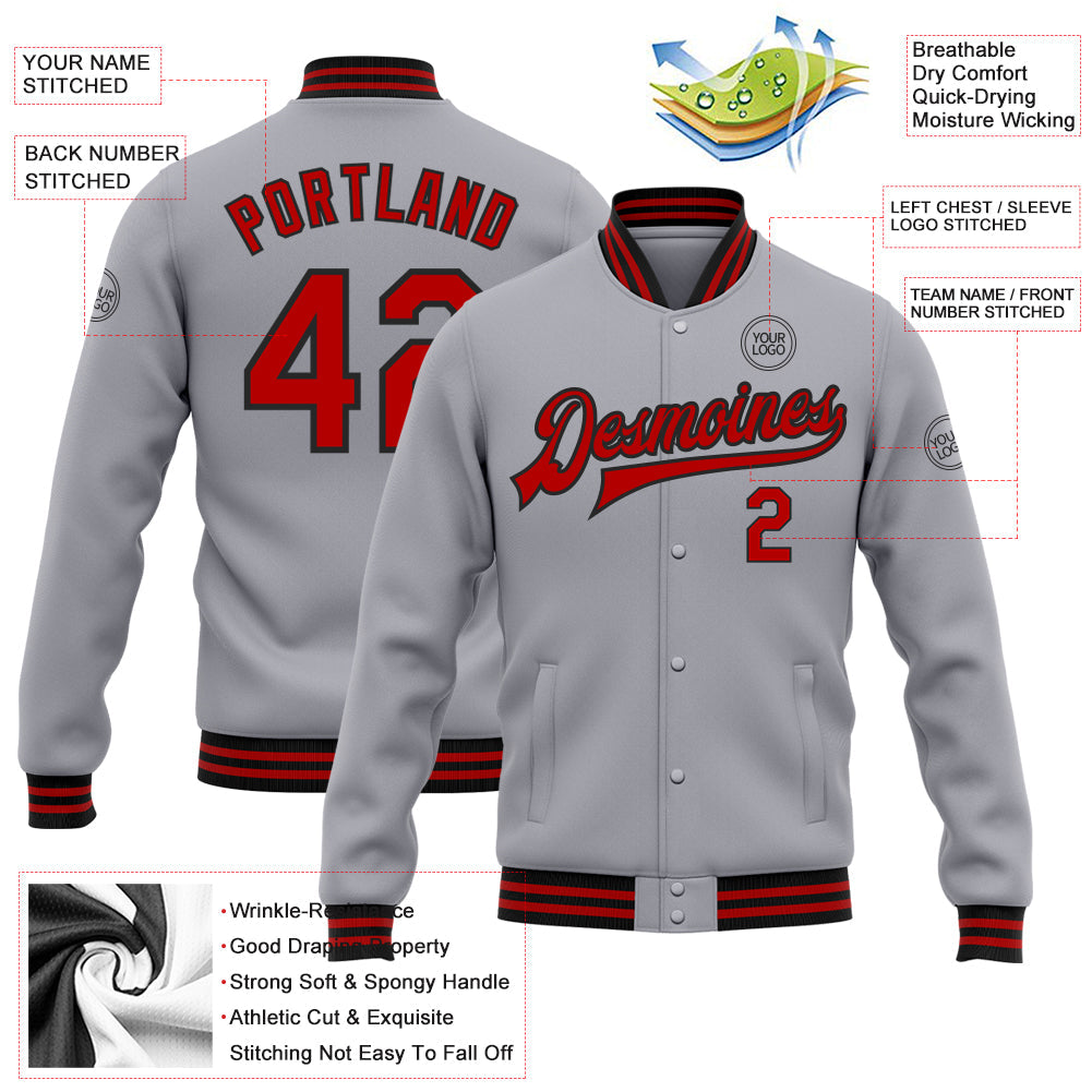 Custom Gray Red-Black Bomber Full-Snap Varsity Letterman Jacket view 5