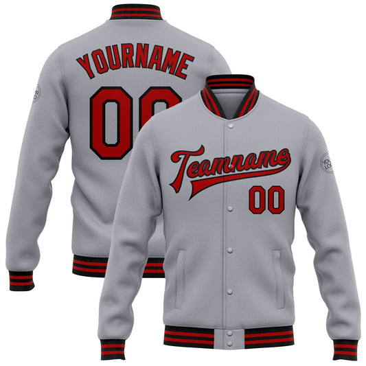Custom Gray Red-Black Bomber Full-Snap Varsity Letterman Jacket - Main View