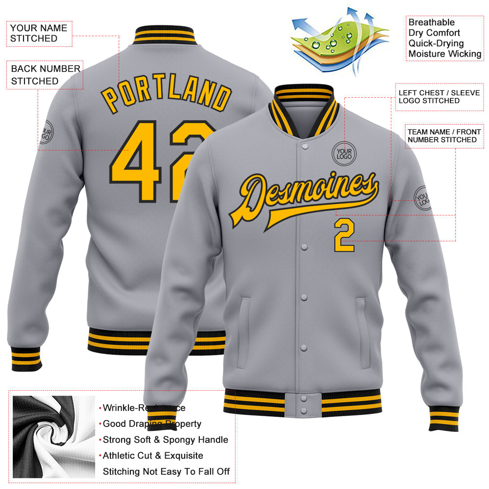 Custom Gray Gold-Black Bomber Full-Snap Varsity Letterman Jacket view 5