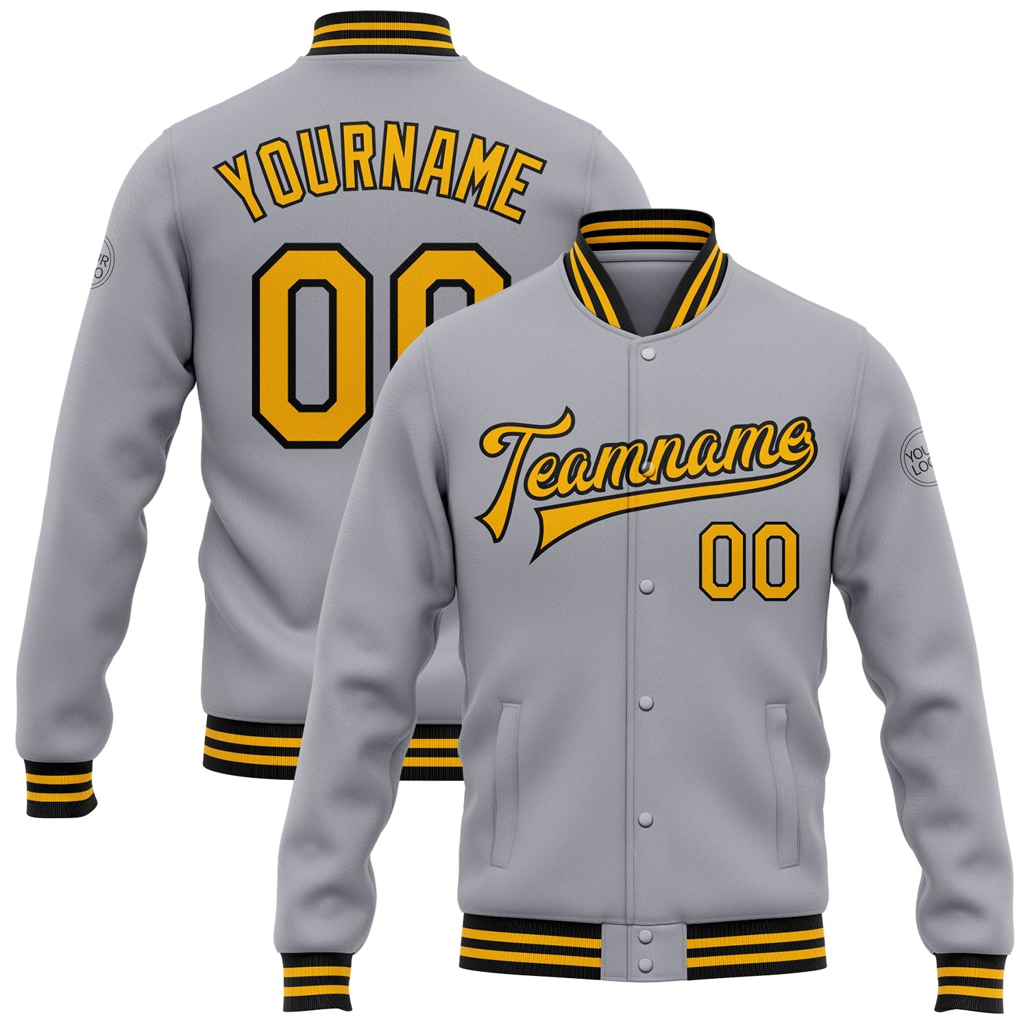 Custom Gray Gold-Black Bomber Full-Snap Varsity Letterman Jacket - Main View