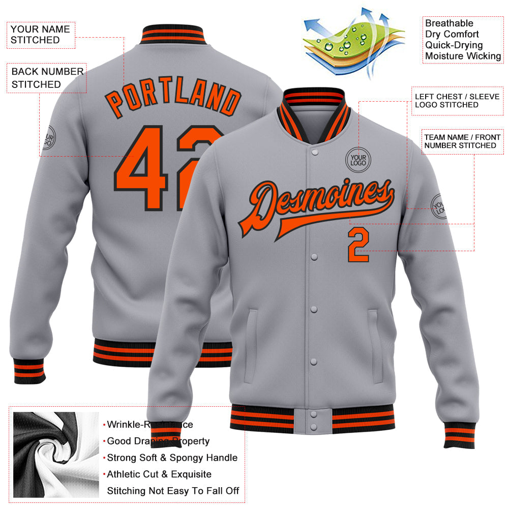 Custom Gray Orange-Black Bomber Full-Snap Varsity Letterman Jacket view 5