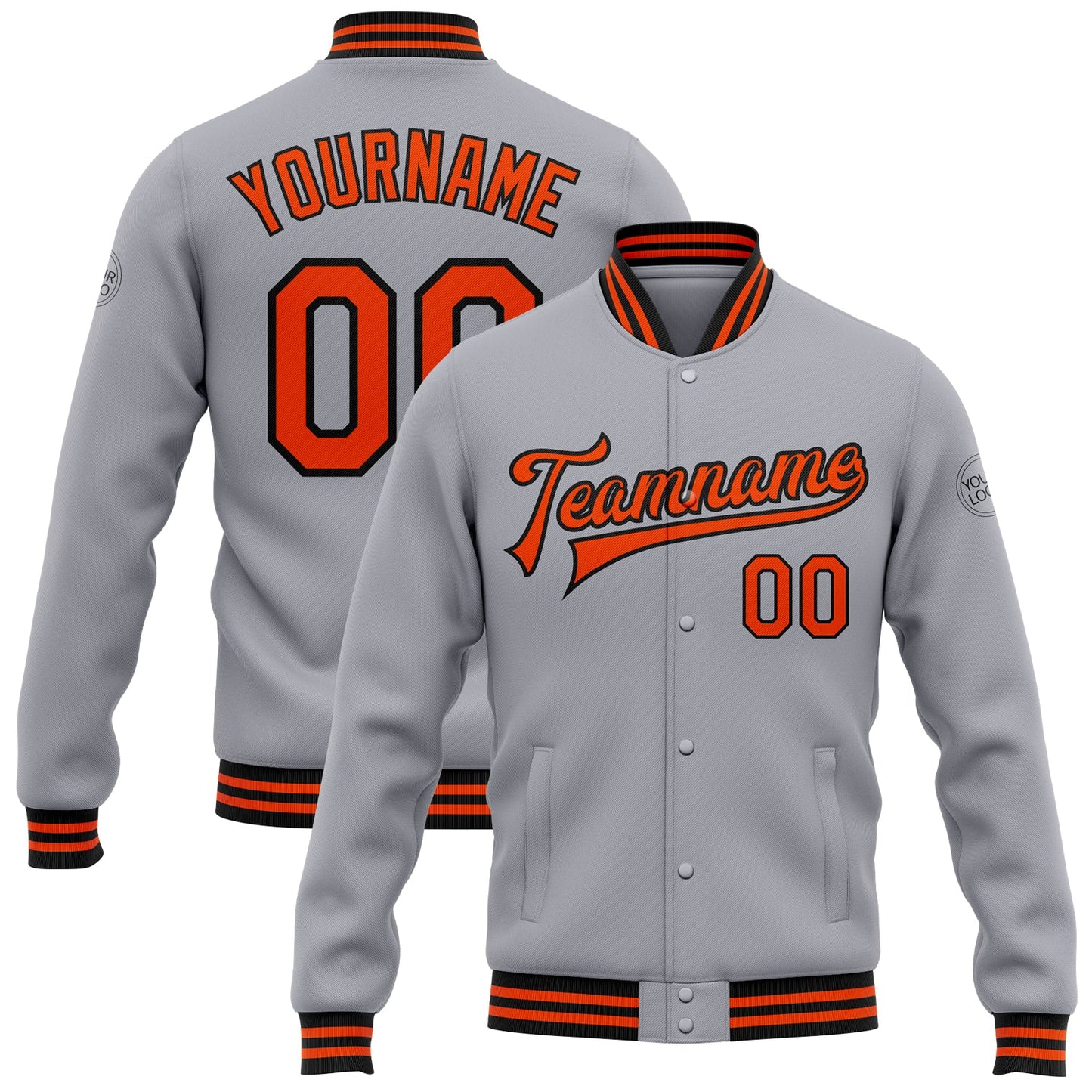Custom Gray Orange-Black Bomber Full-Snap Varsity Letterman Jacket - Main View