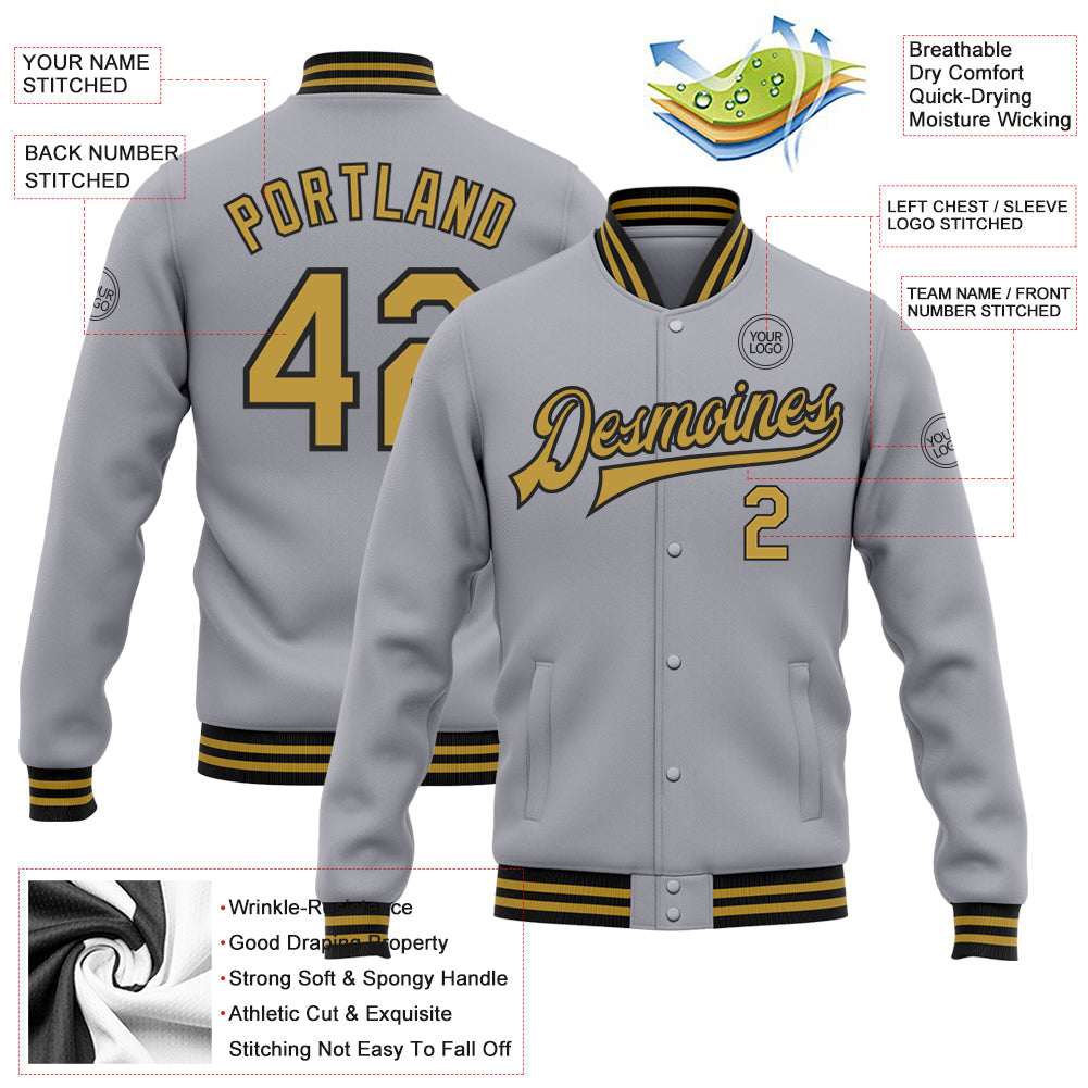 Custom Gray Old Gold-Black Bomber Full-Snap Varsity Letterman Jacket view 5