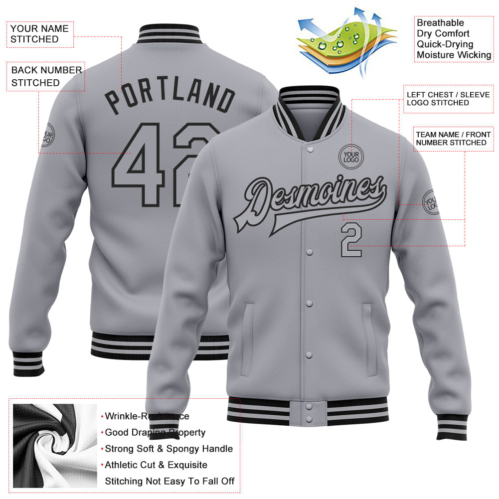 Custom Gray Black Bomber Full-Snap Varsity Letterman Jacket view 5