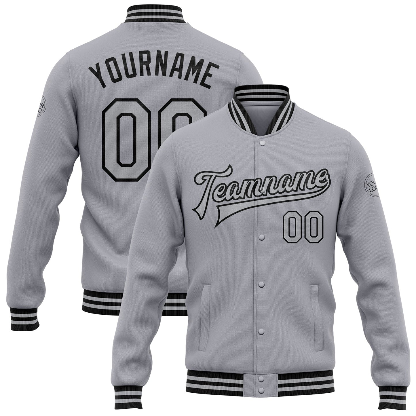Custom Gray Black Bomber Full-Snap Varsity Letterman Jacket - Main View