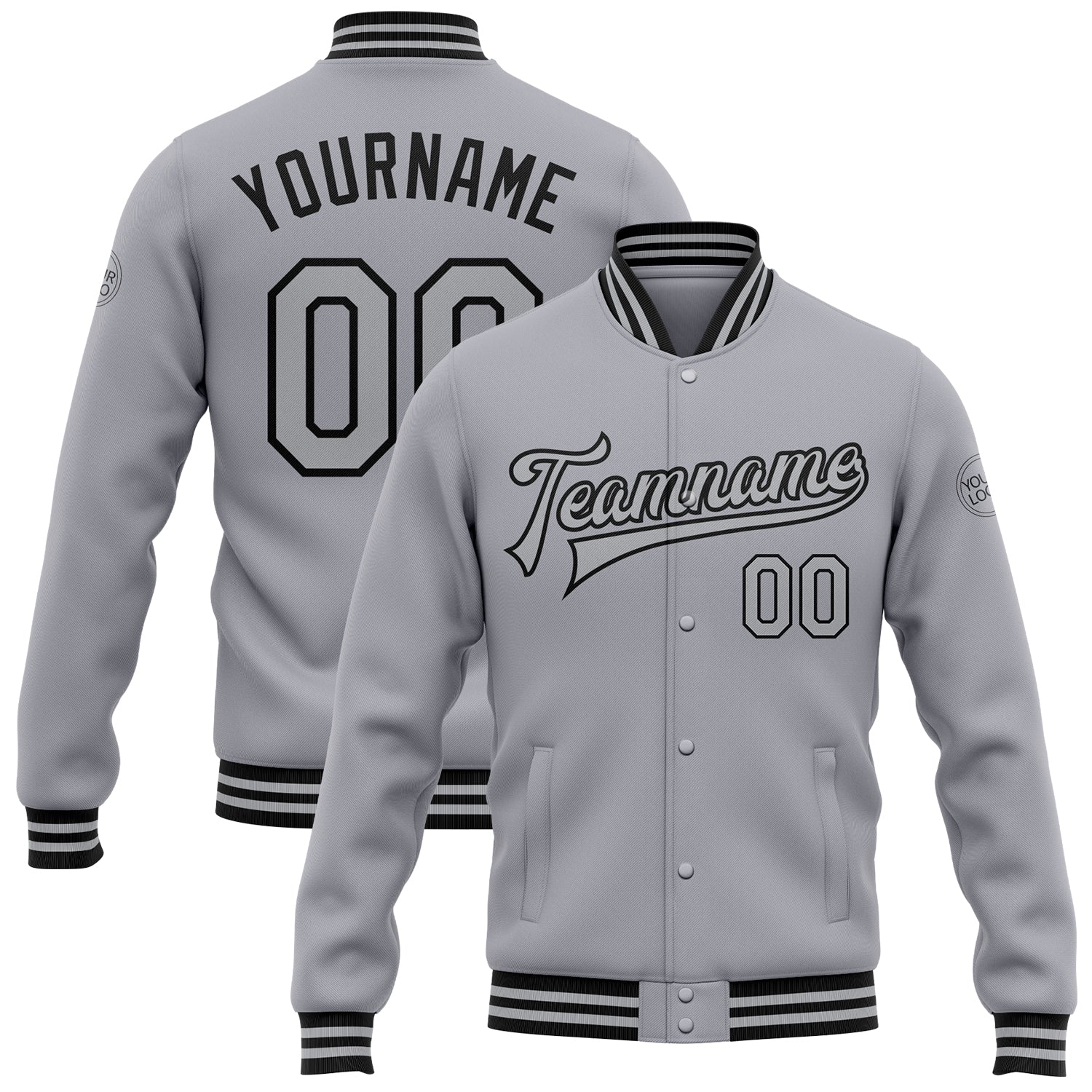Custom Gray Black Bomber Full-Snap Varsity Letterman Jacket - Main View