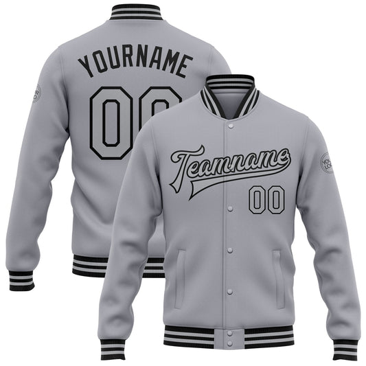 Custom Gray Black Bomber Full-Snap Varsity Letterman Jacket - Main View
