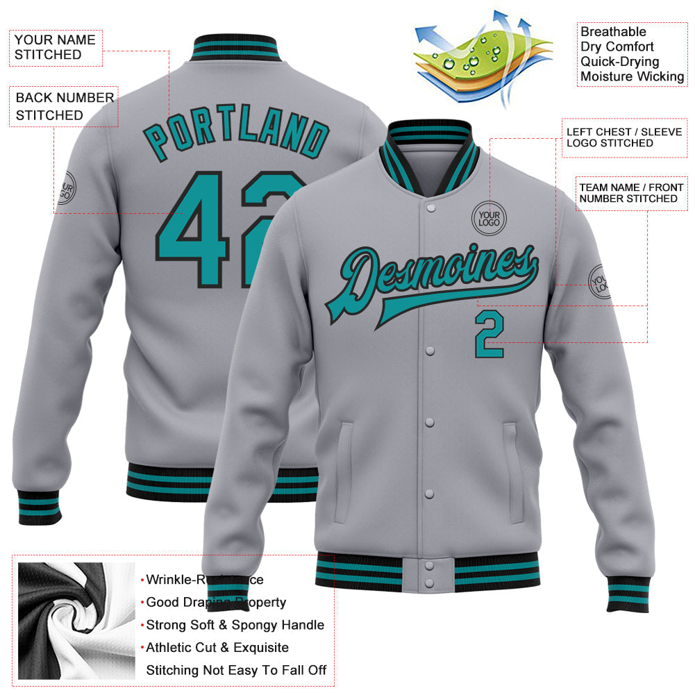 Custom Gray Teal-Black Bomber Full-Snap Varsity Letterman Jacket view 5