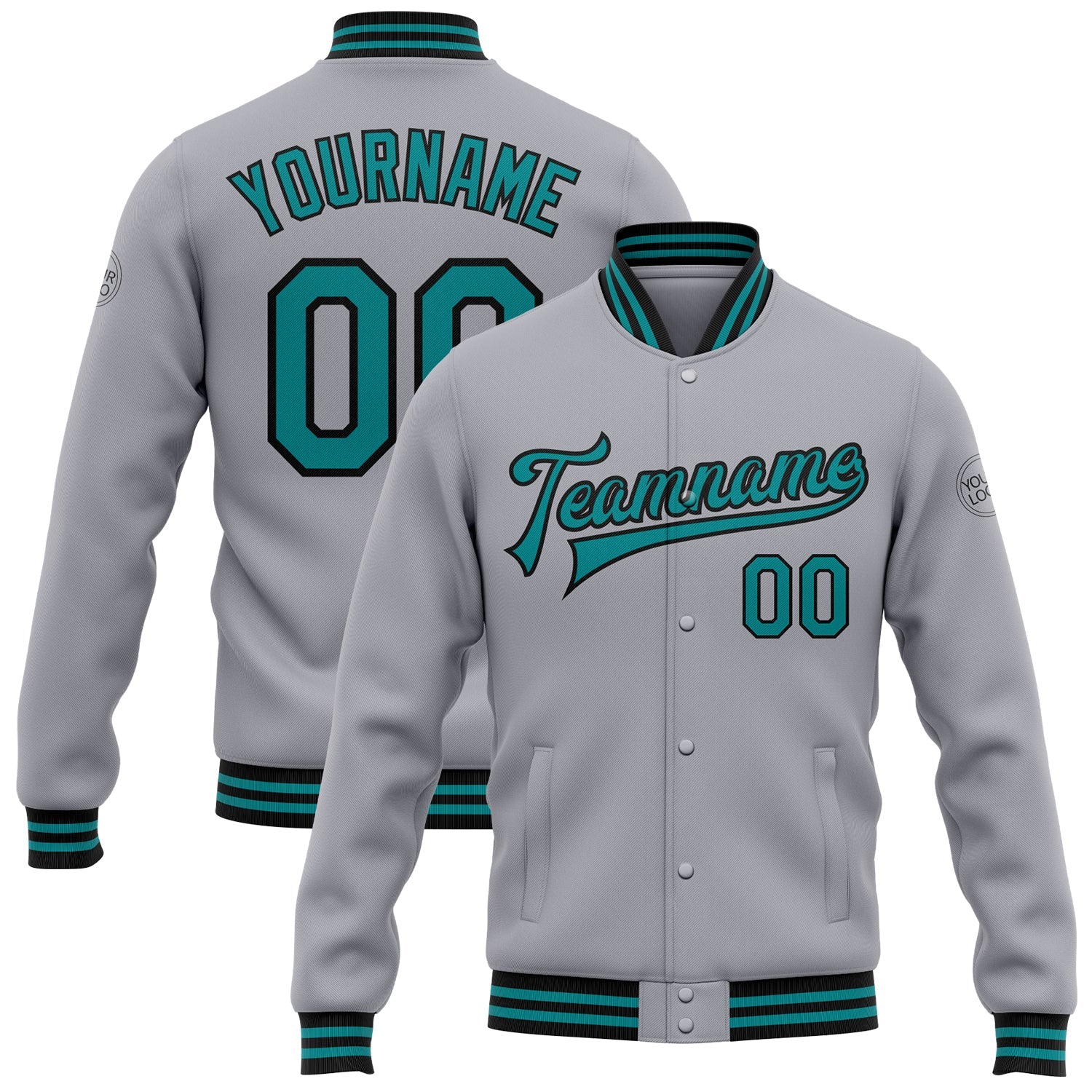 Custom Gray Teal-Black Bomber Full-Snap Varsity Letterman Jacket - Main View