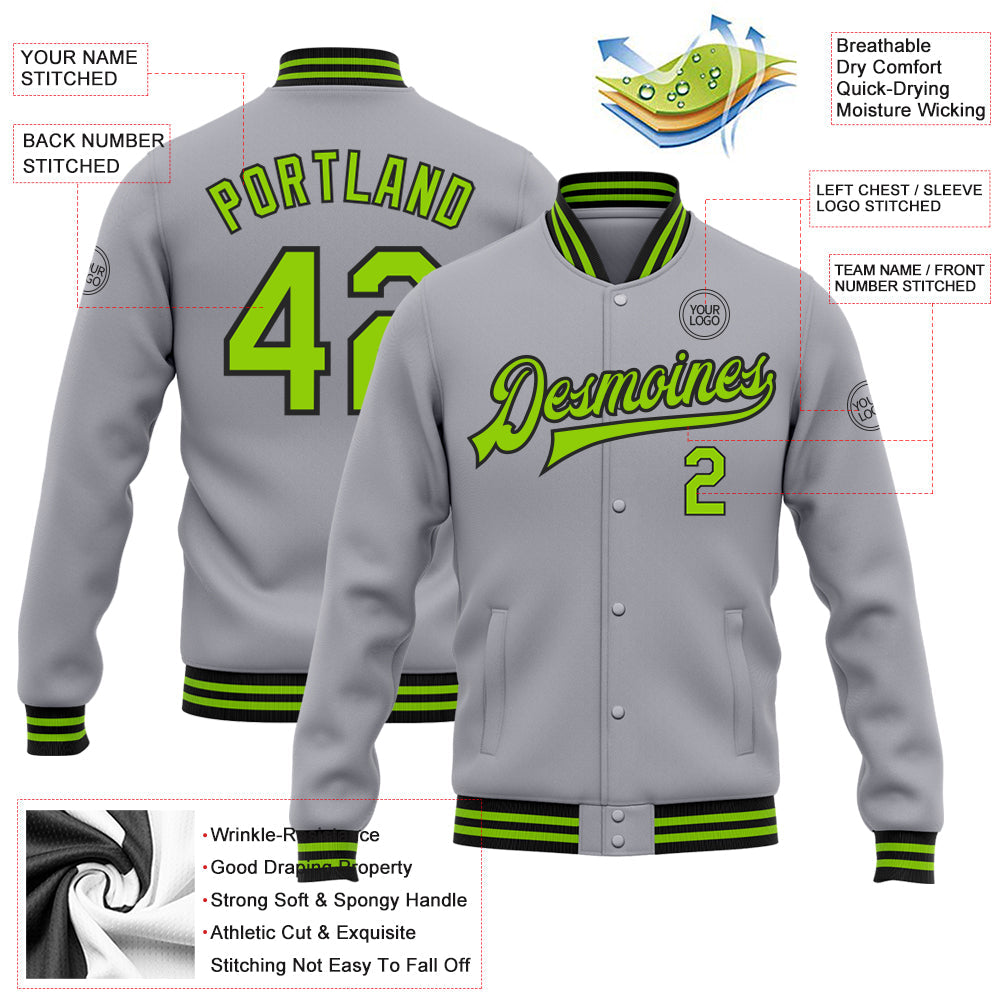 Custom Gray Neon Green-Black Bomber Full-Snap Varsity Letterman Jacket view 5