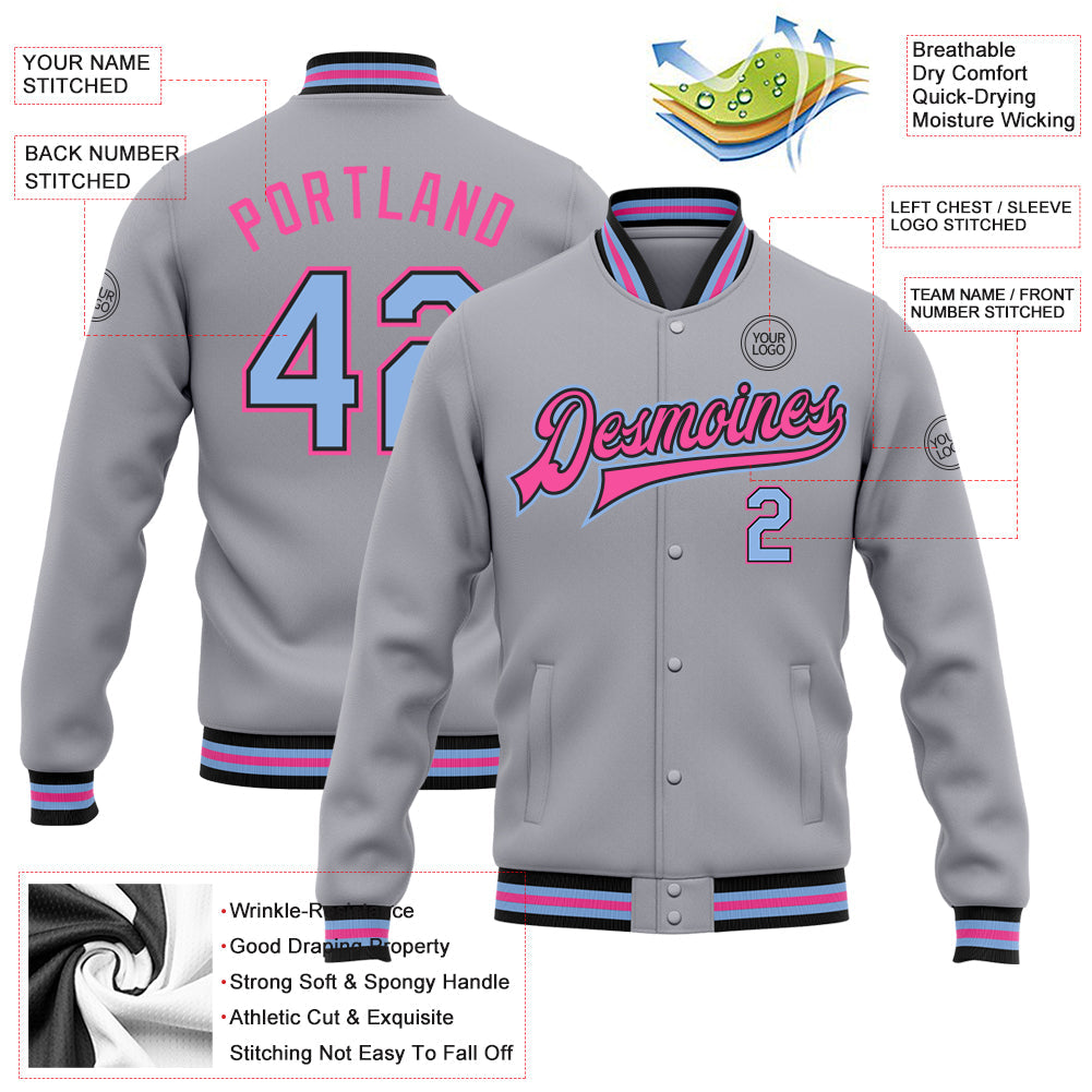 Custom Gray Light Blue Black-Pink Bomber Full-Snap Varsity Letterman Jacket view 5