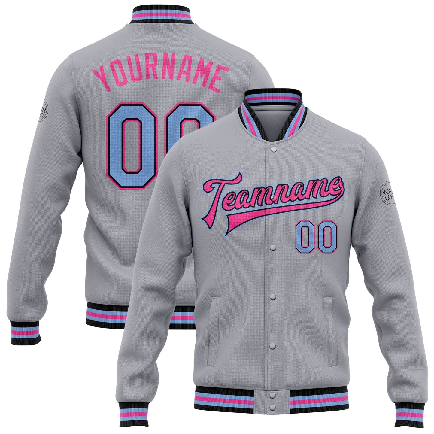 Custom Gray Light Blue Black-Pink Bomber Full-Snap Varsity Letterman Jacket - Main View