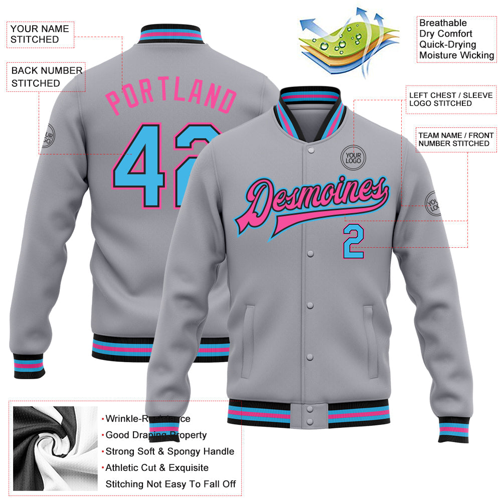 Custom Gray Sky Blue Black-Pink Bomber Full-Snap Varsity Letterman Jacket view 5