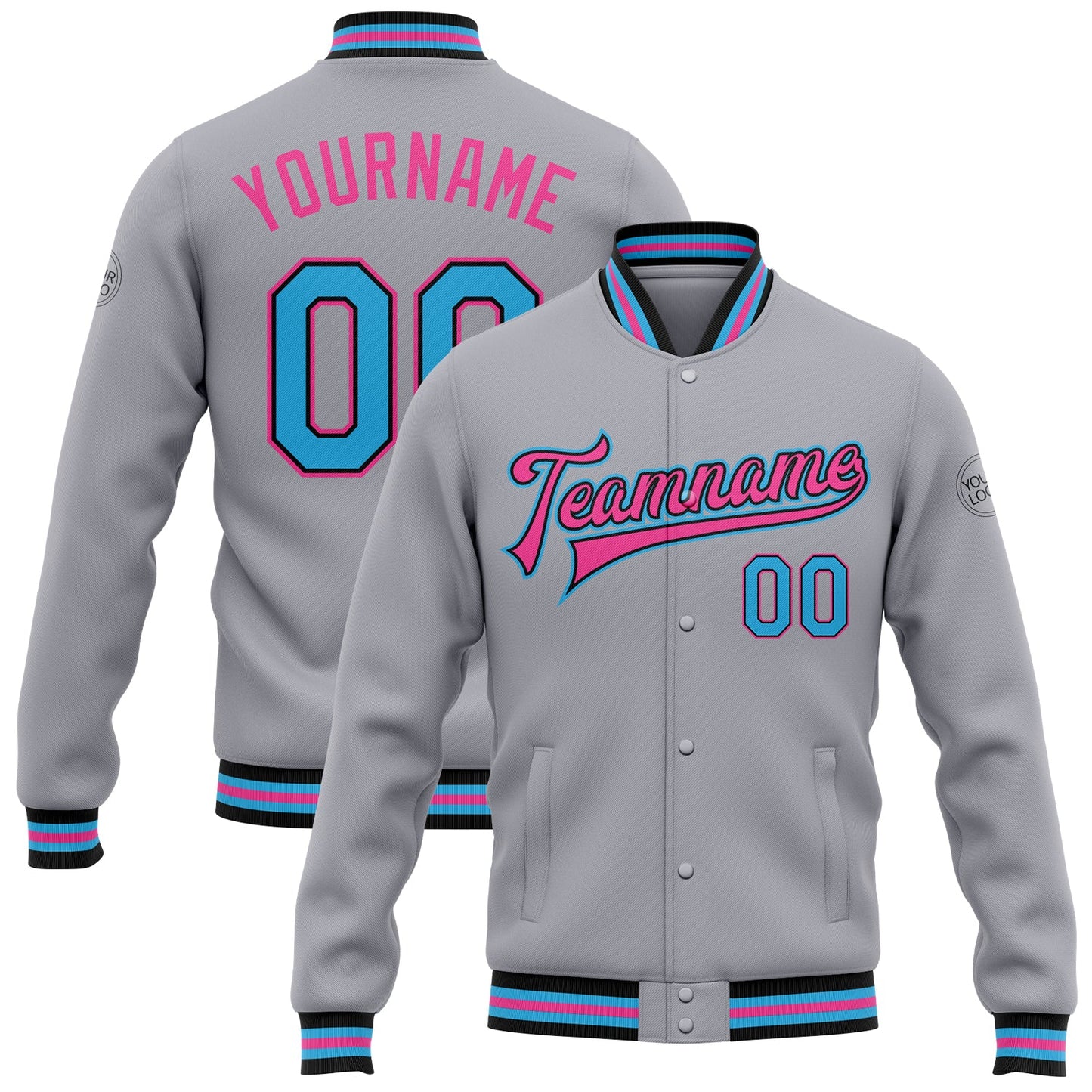 Custom Gray Sky Blue Black-Pink Bomber Full-Snap Varsity Letterman Jacket - Main View