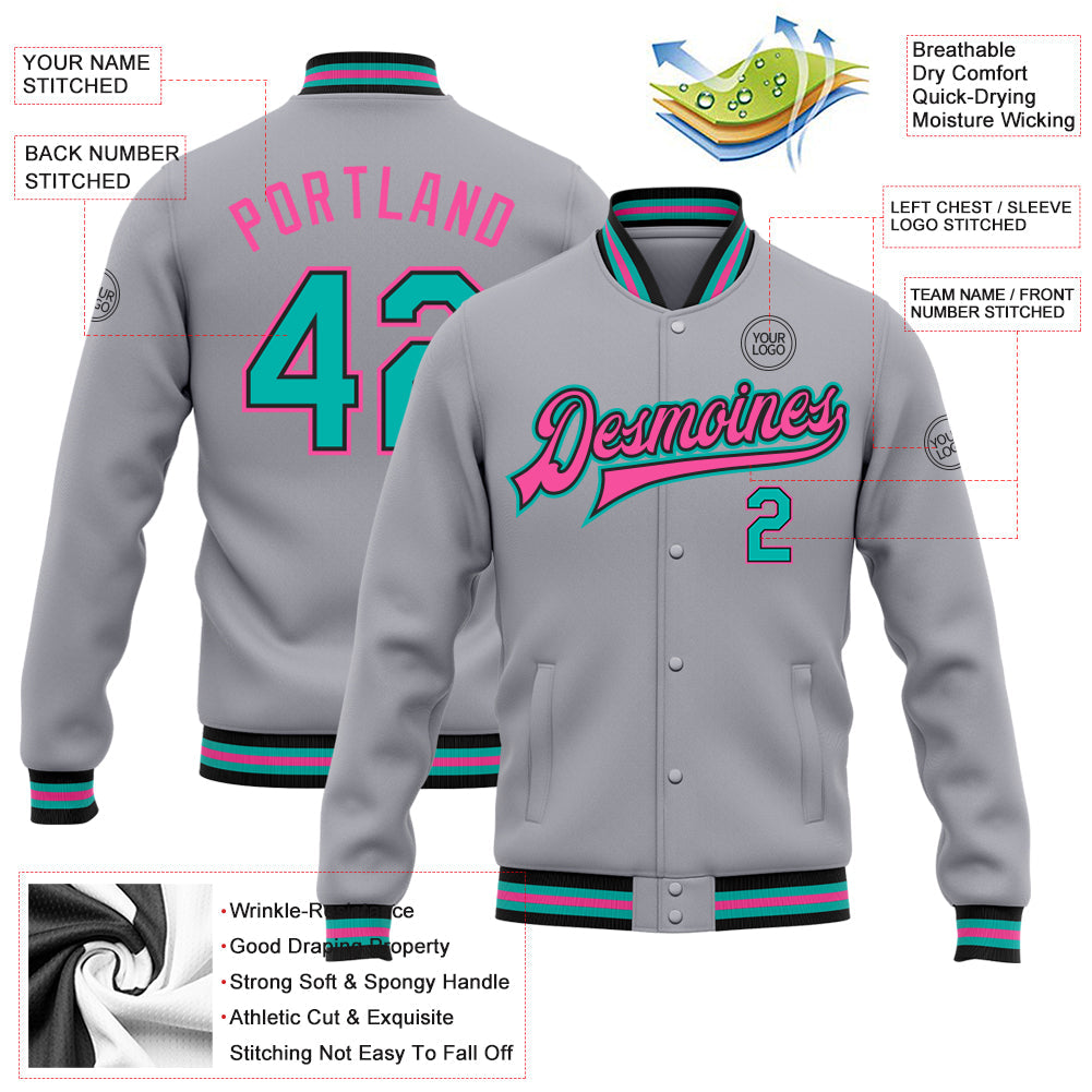 Custom Gray Aqua Black-Pink Bomber Full-Snap Varsity Letterman Jacket view 5