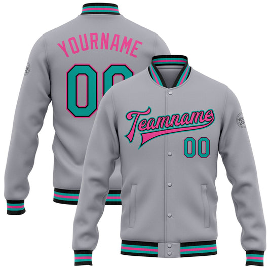 Custom Gray Aqua Black-Pink Bomber Full-Snap Varsity Letterman Jacket - Main View