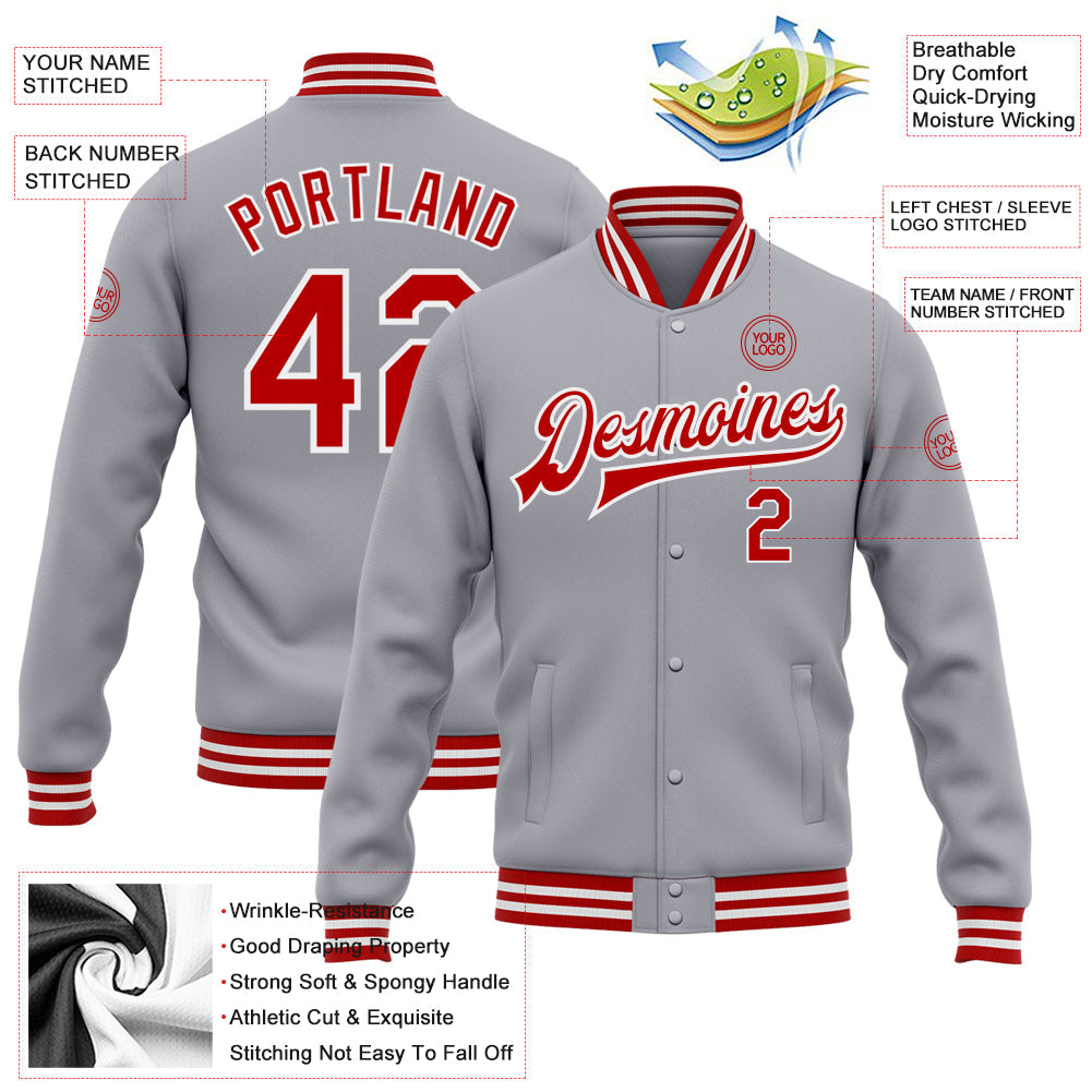 Custom Gray Red-White Bomber Full-Snap Varsity Letterman Jacket view 5