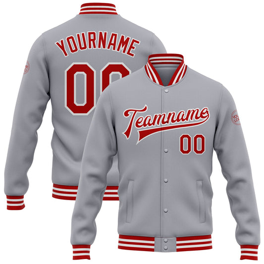 Custom Gray Red-White Bomber Full-Snap Varsity Letterman Jacket - Main View