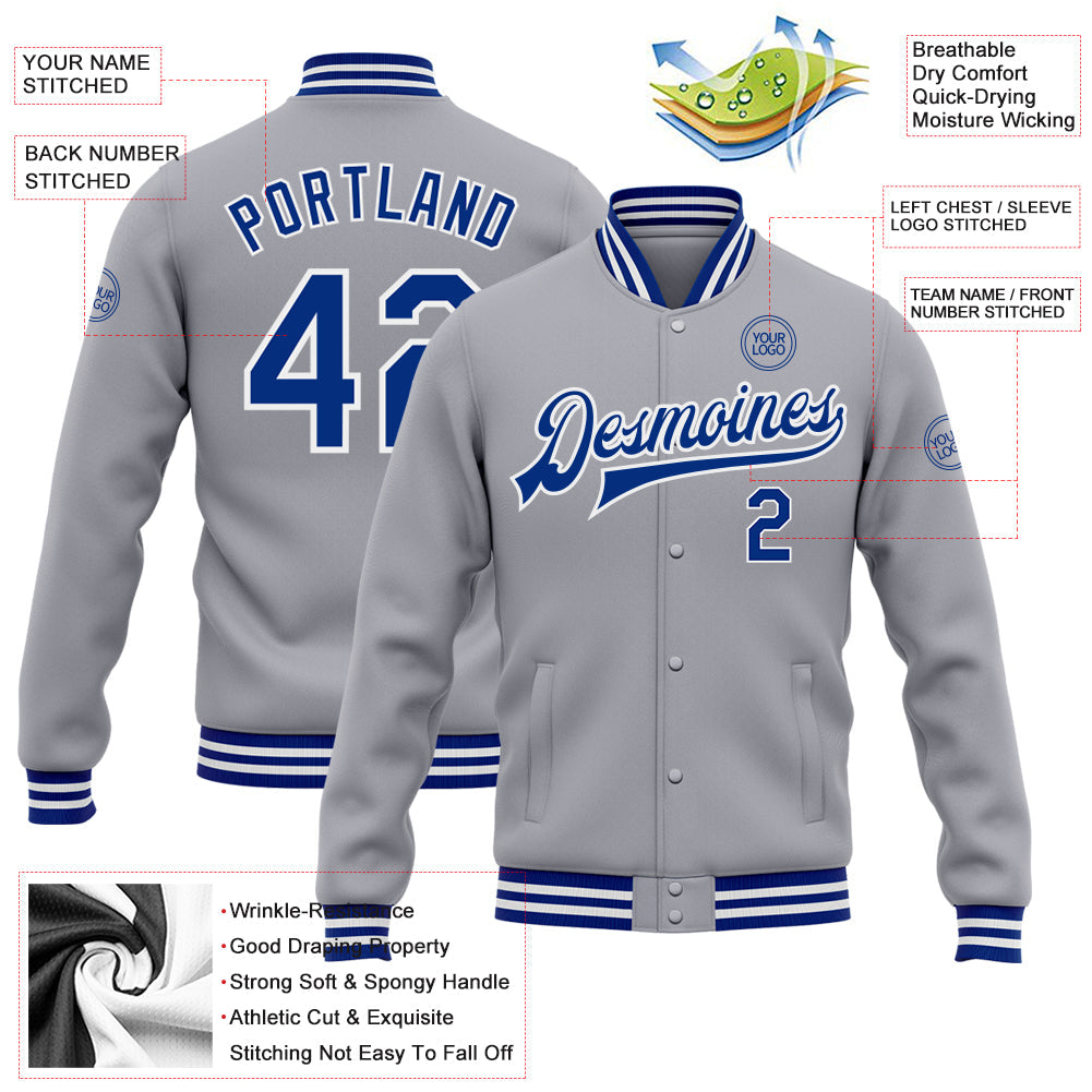 Custom Gray Royal-White Bomber Full-Snap Varsity Letterman Jacket view 5