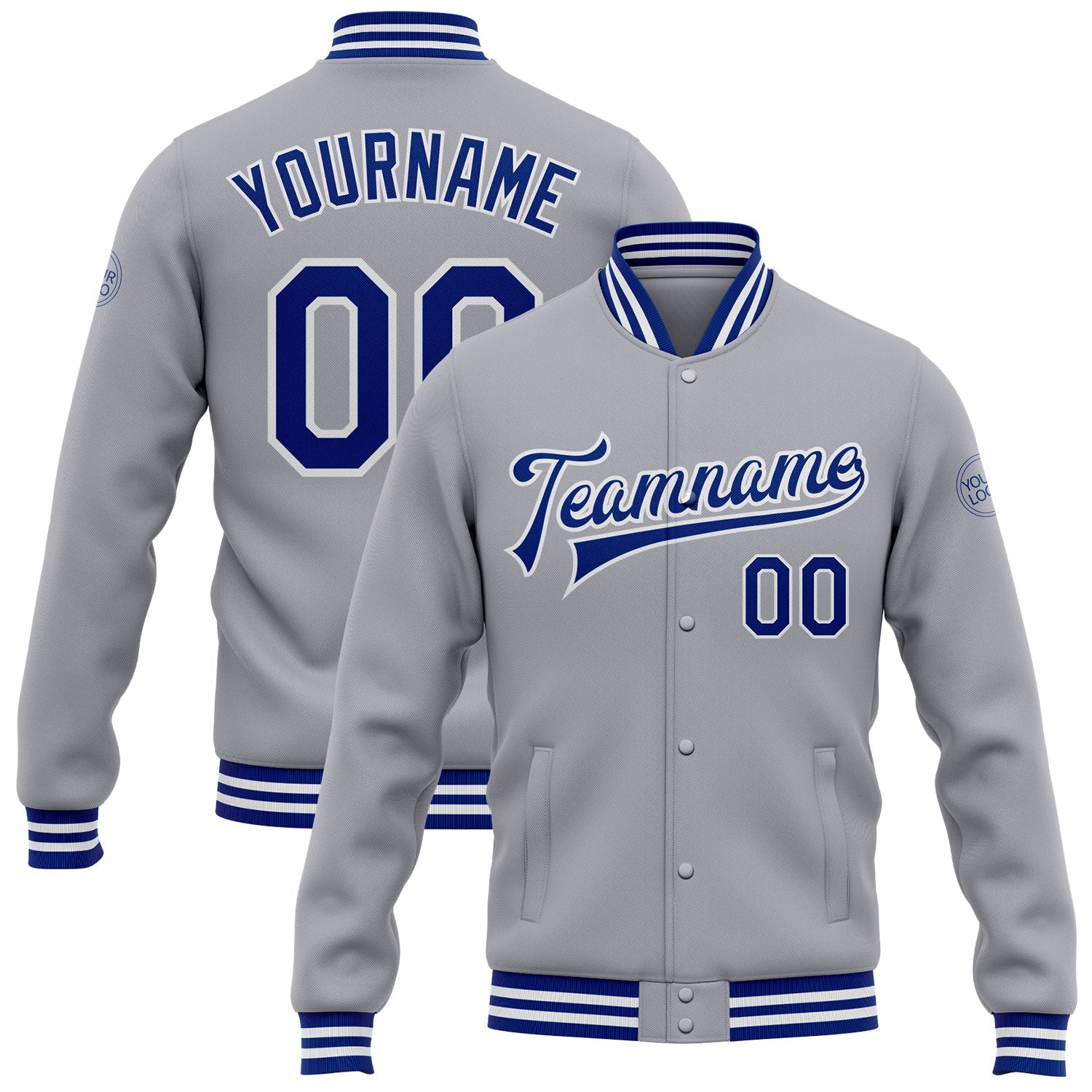 Custom Gray Royal-White Bomber Full-Snap Varsity Letterman Jacket - Main View