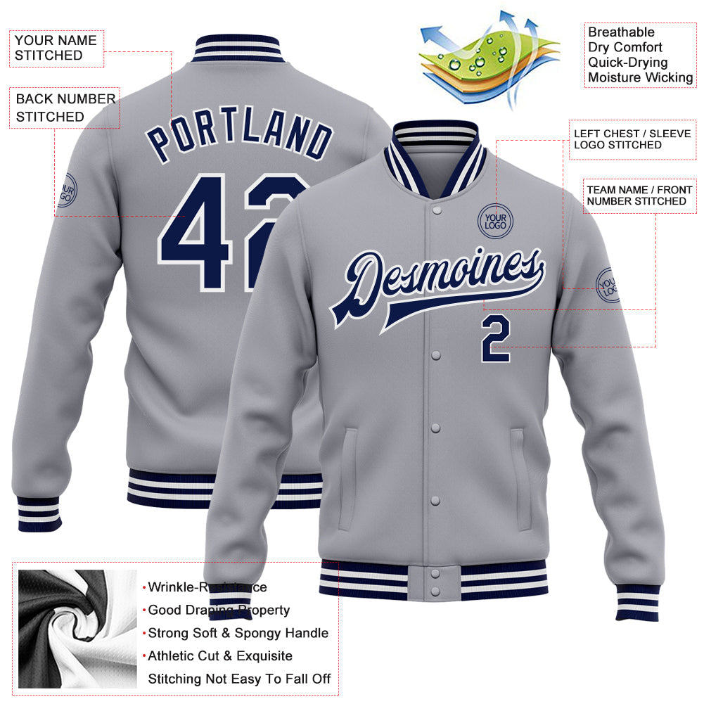 Custom Gray Navy-White Bomber Full-Snap Varsity Letterman Jacket view 5