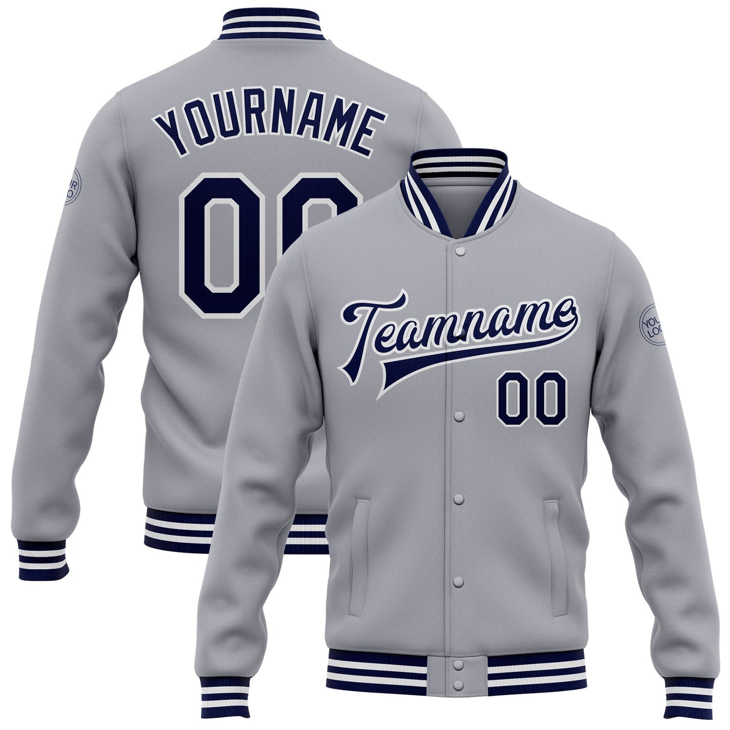 Custom Gray Navy-White Bomber Full-Snap Varsity Letterman Jacket - Main View