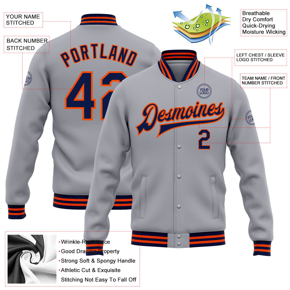 Custom Gray Navy-Orange Bomber Full-Snap Varsity Letterman Jacket view 5