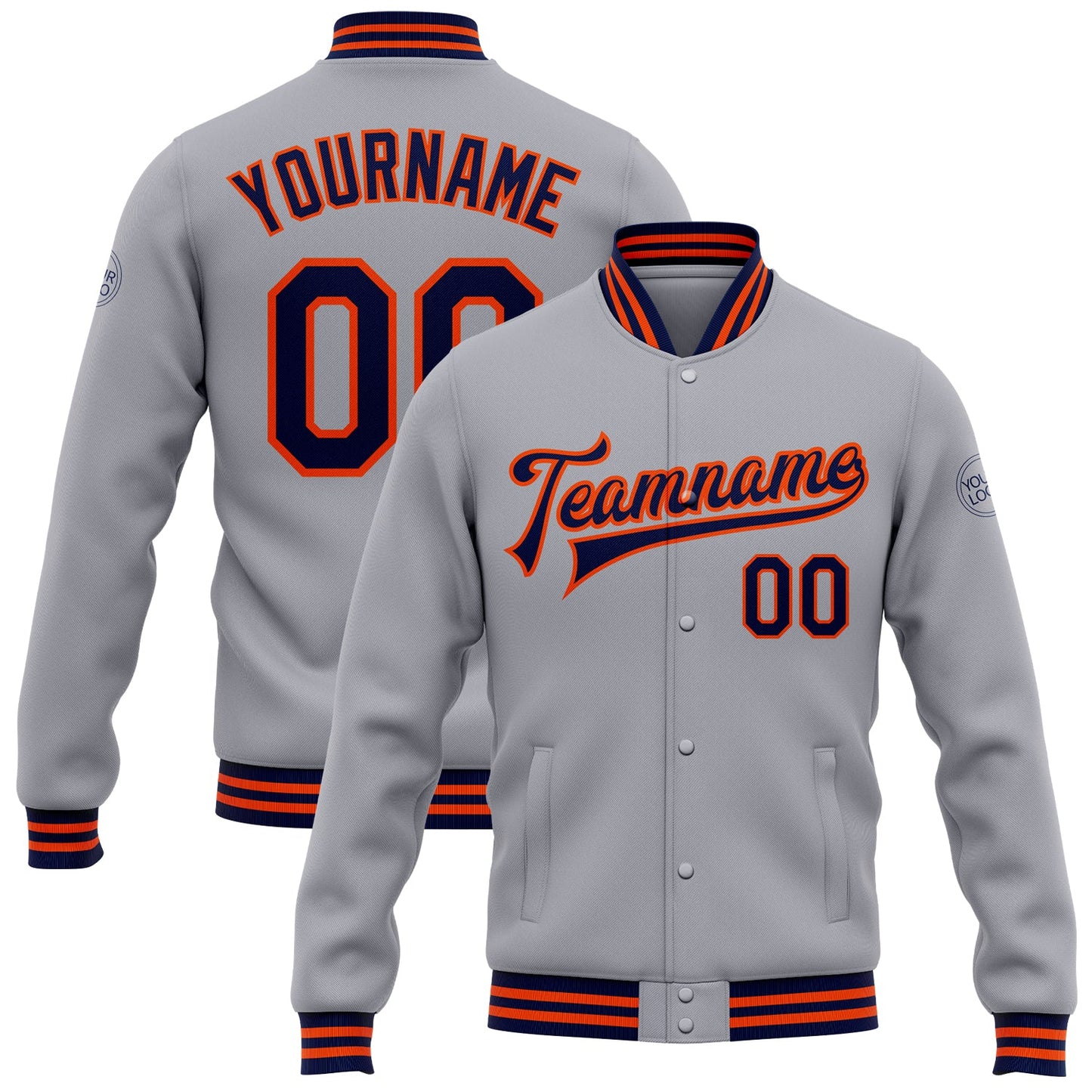 Custom Gray Navy-Orange Bomber Full-Snap Varsity Letterman Jacket - Main View