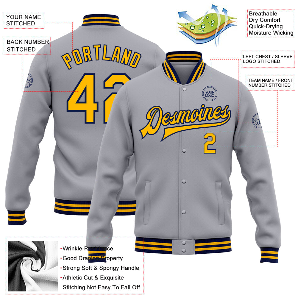 Custom Gray Gold-Navy Bomber Full-Snap Varsity Letterman Jacket view 5