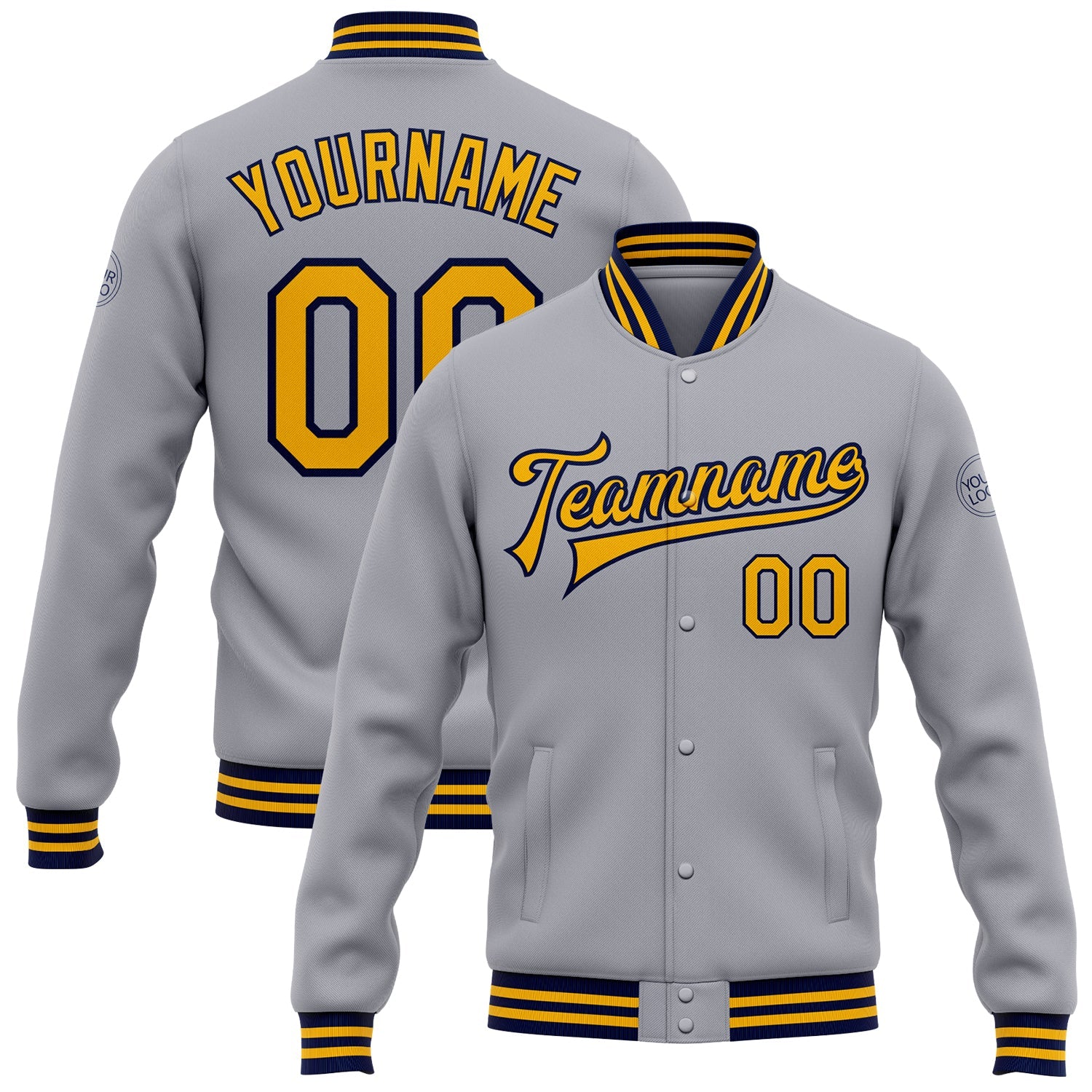 Custom Gray Gold-Navy Bomber Full-Snap Varsity Letterman Jacket - Main View