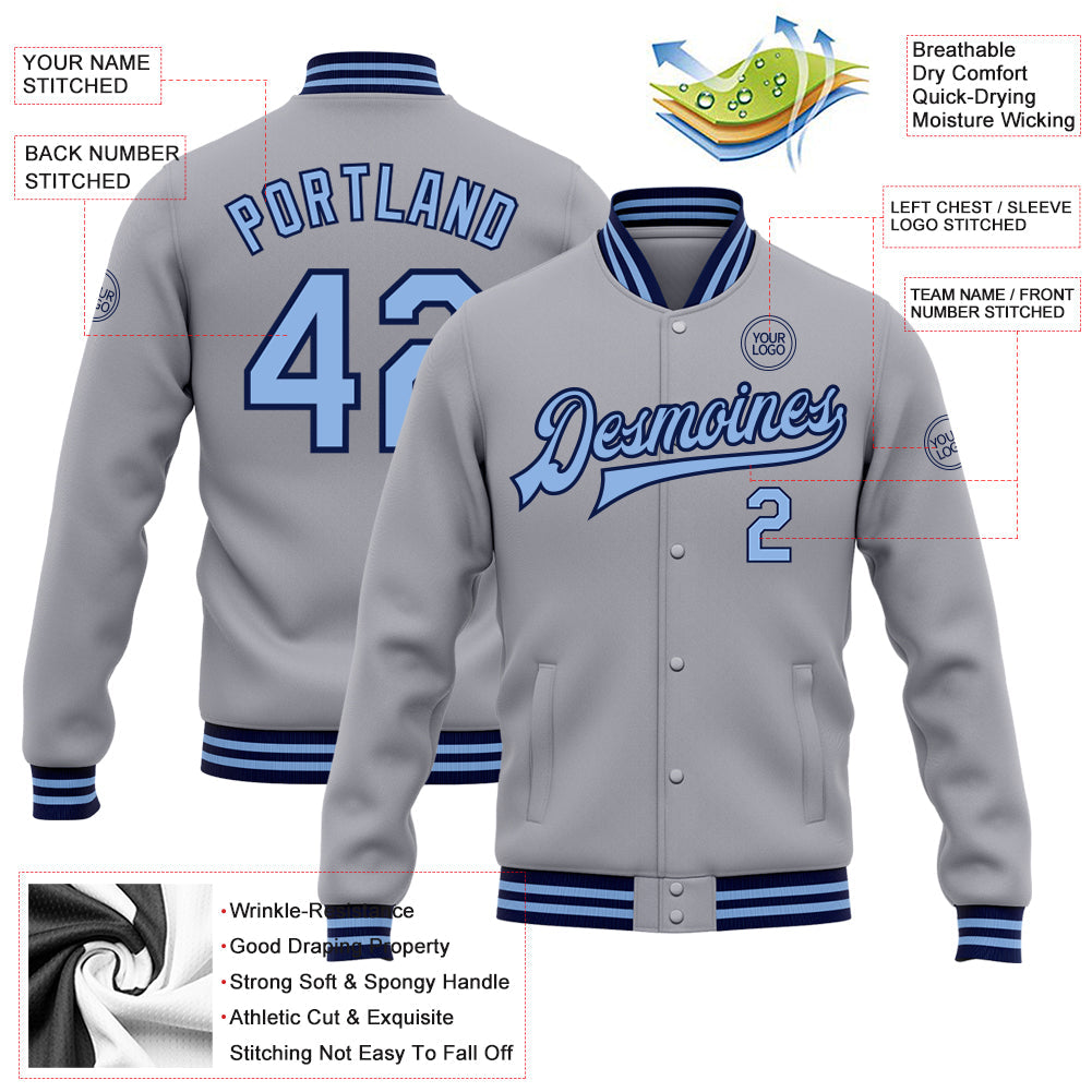 Custom Gray Light Blue-Navy Bomber Full-Snap Varsity Letterman Jacket view 5