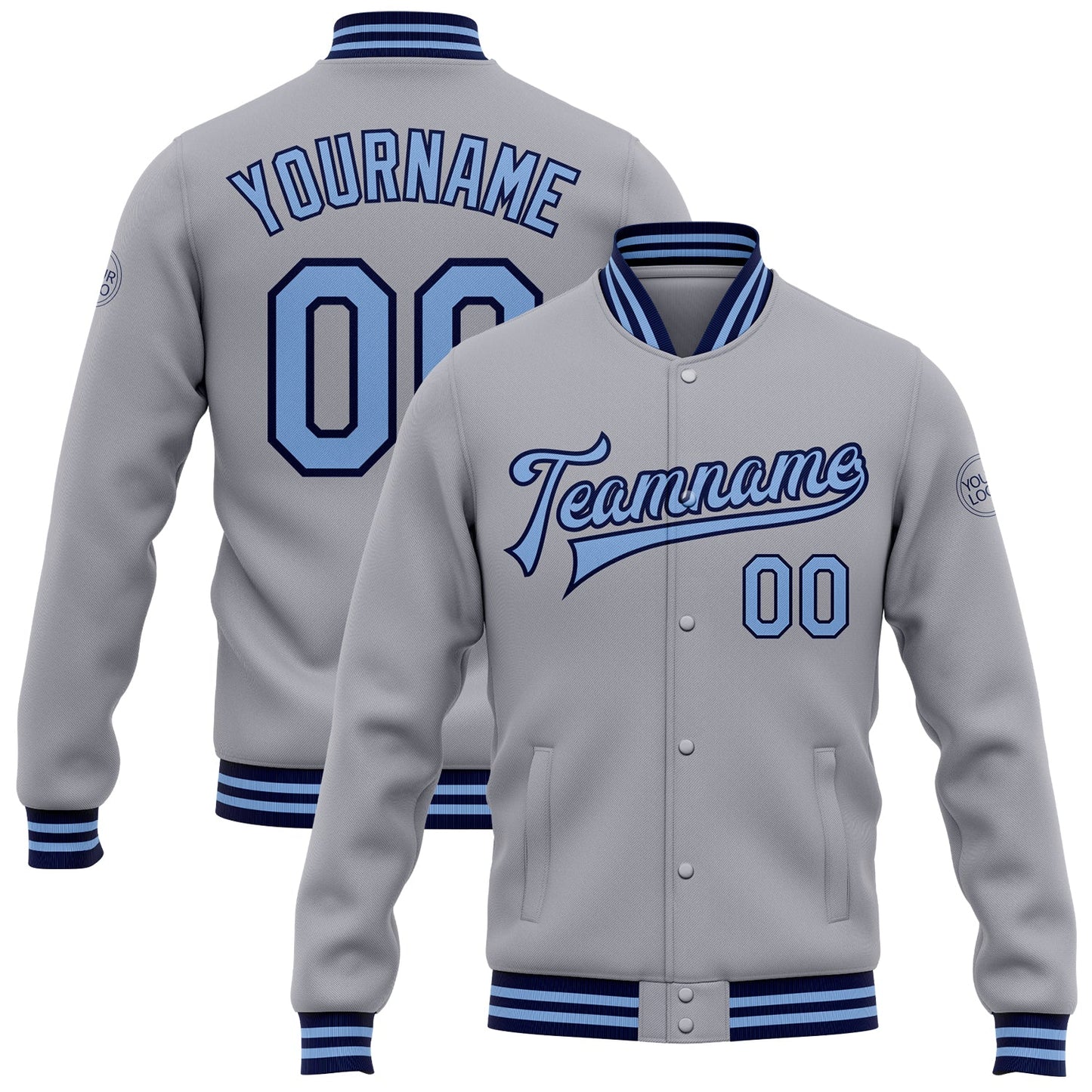 Custom Gray Light Blue-Navy Bomber Full-Snap Varsity Letterman Jacket - Main View