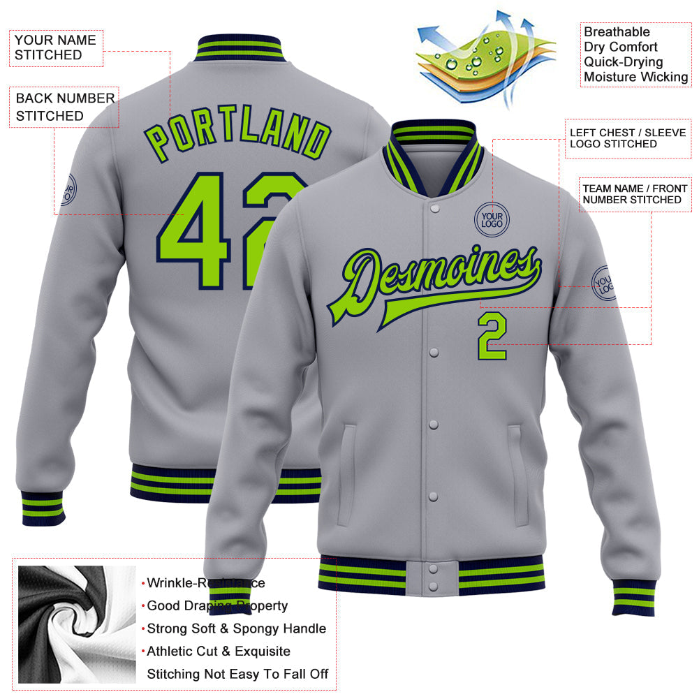 Custom Gray Neon Green-Navy Bomber Full-Snap Varsity Letterman Jacket view 5