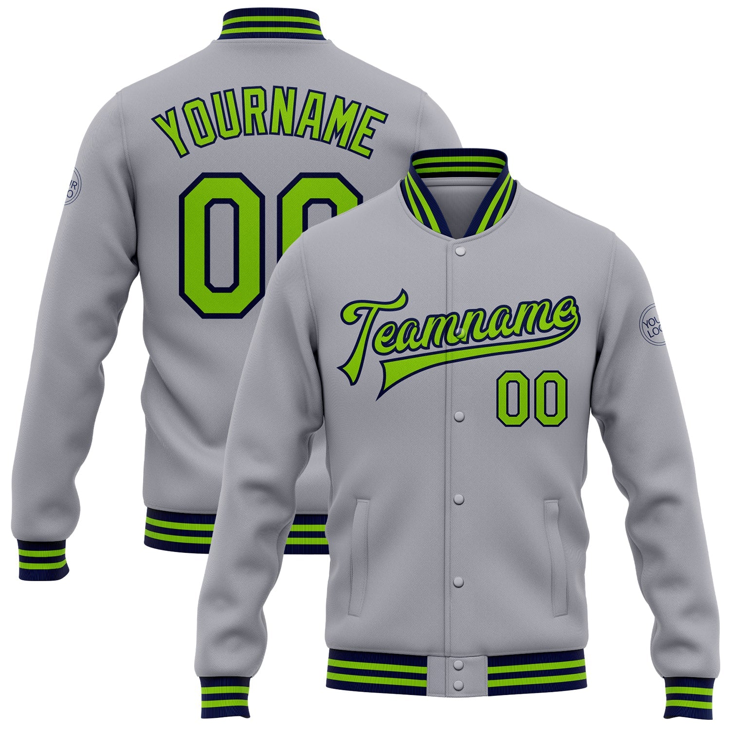 Custom Gray Neon Green-Navy Bomber Full-Snap Varsity Letterman Jacket - Main View