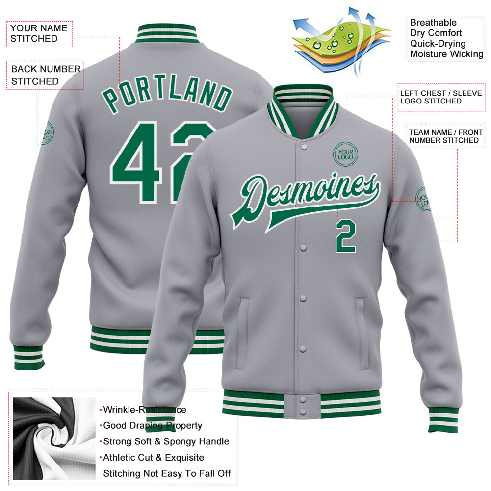 Custom Gray Kelly Green-White Bomber Full-Snap Varsity Letterman Jacket view 5
