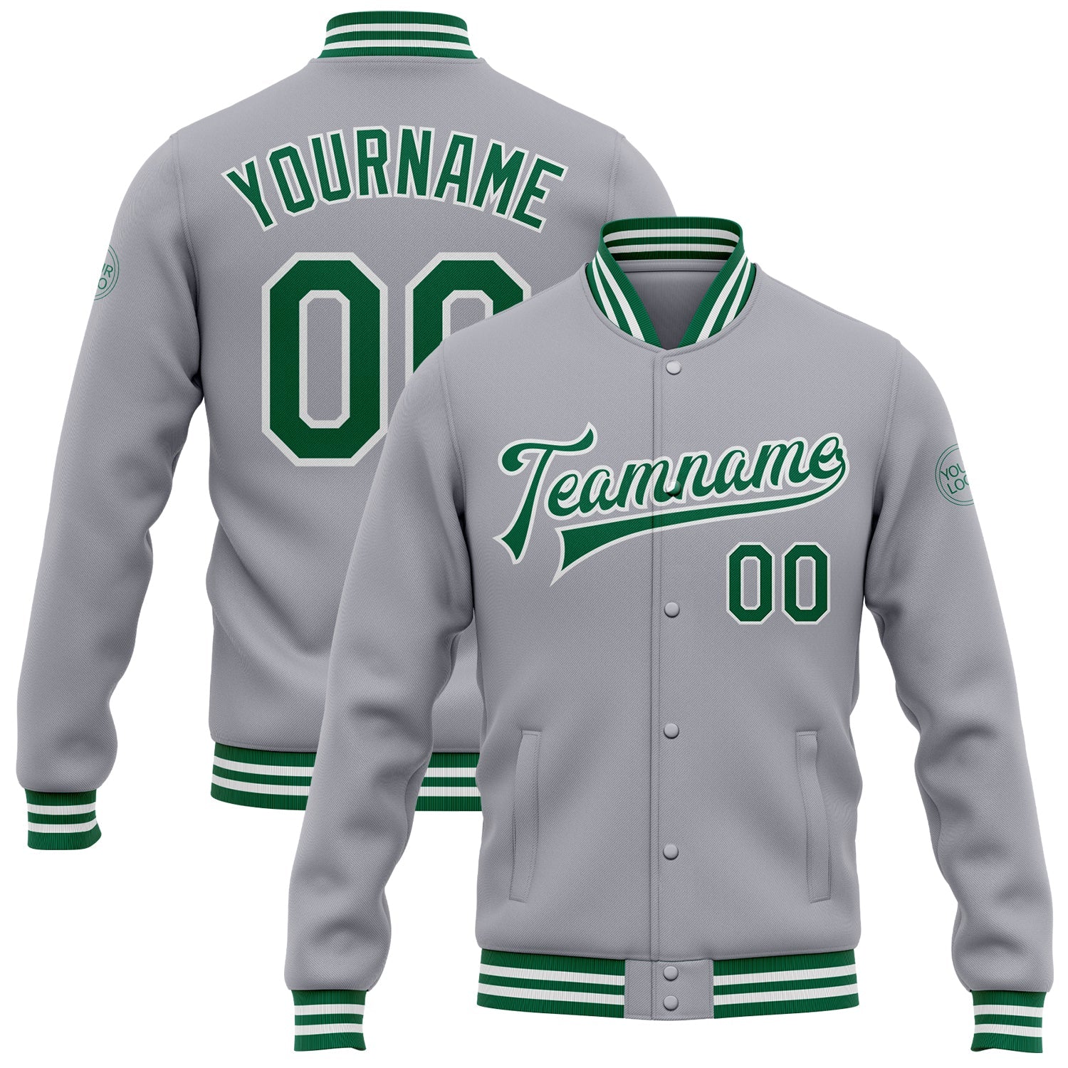 Custom Gray Kelly Green-White Bomber Full-Snap Varsity Letterman Jacket - Main View