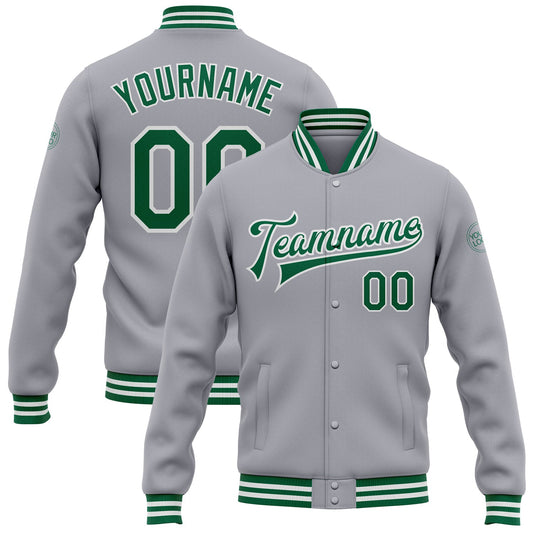 Custom Gray Kelly Green-White Bomber Full-Snap Varsity Letterman Jacket - Main View