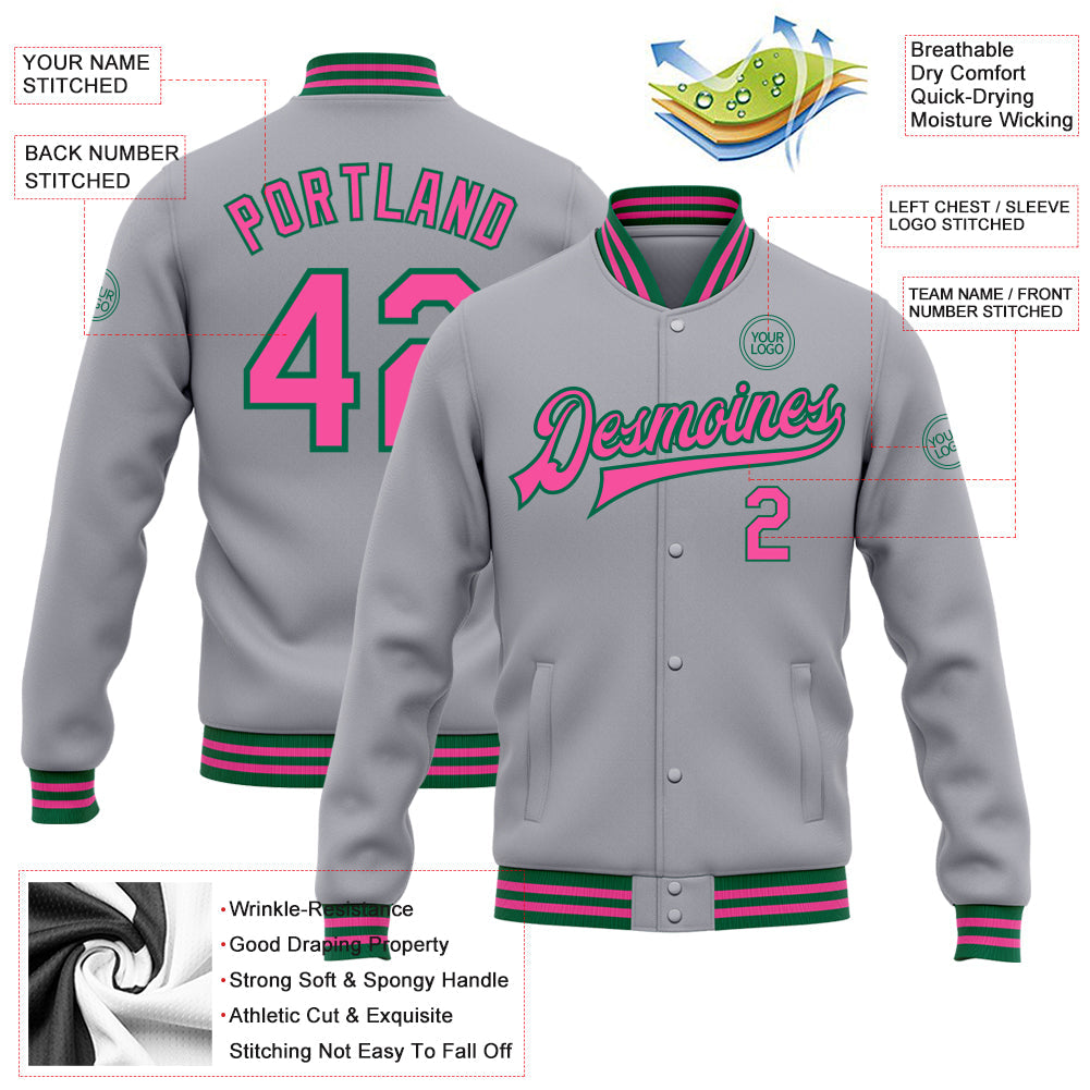 Custom Gray Pink-Kelly Green Bomber Full-Snap Varsity Letterman Jacket view 5