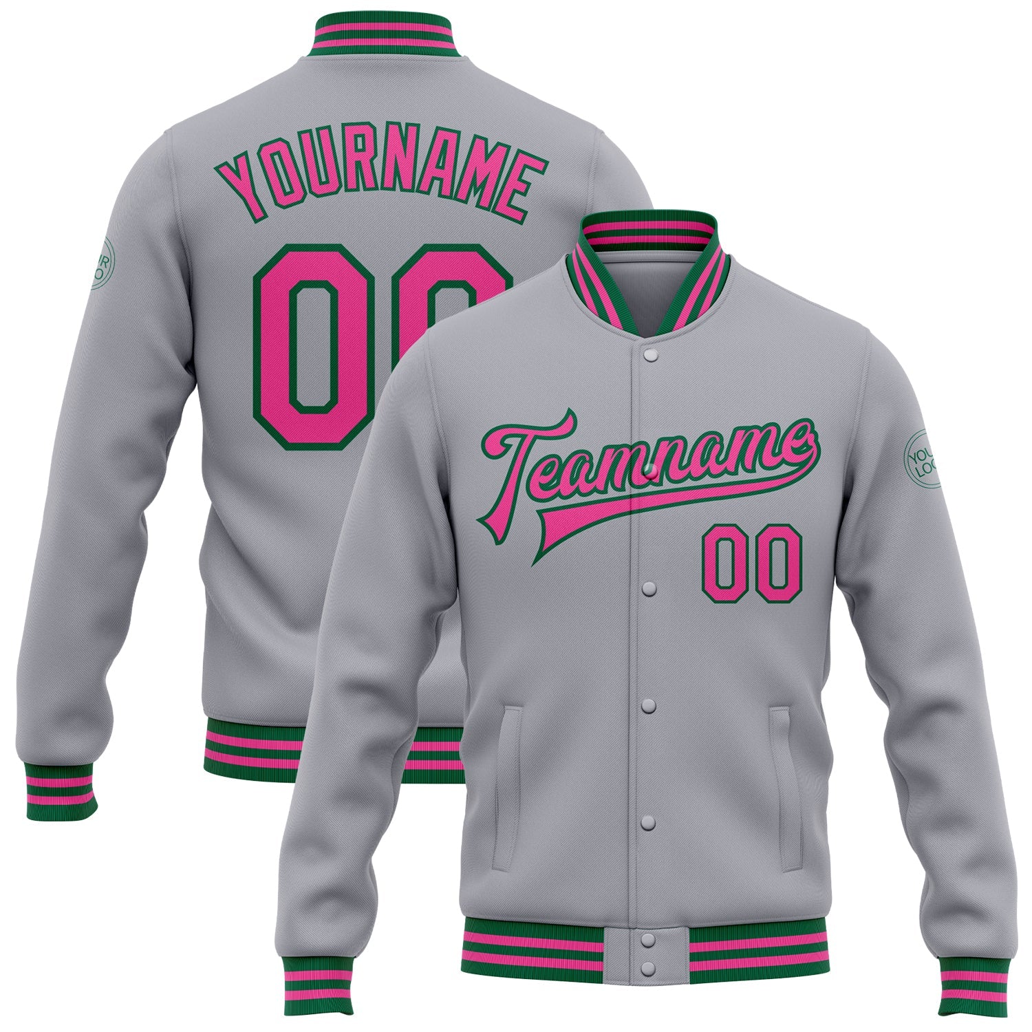 Custom Gray Pink-Kelly Green Bomber Full-Snap Varsity Letterman Jacket - Main View