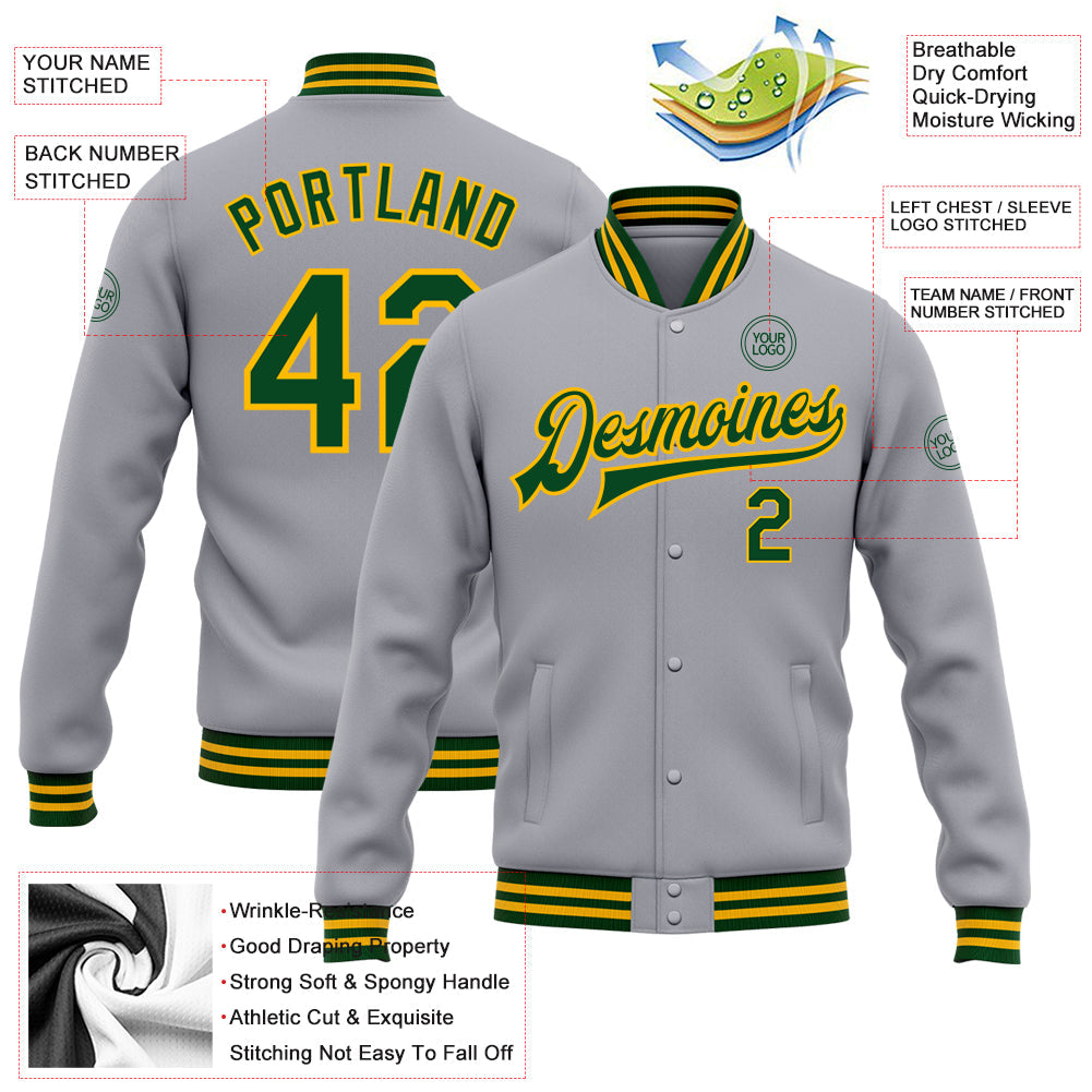 Custom Gray Green-Gold Bomber Full-Snap Varsity Letterman Jacket view 5