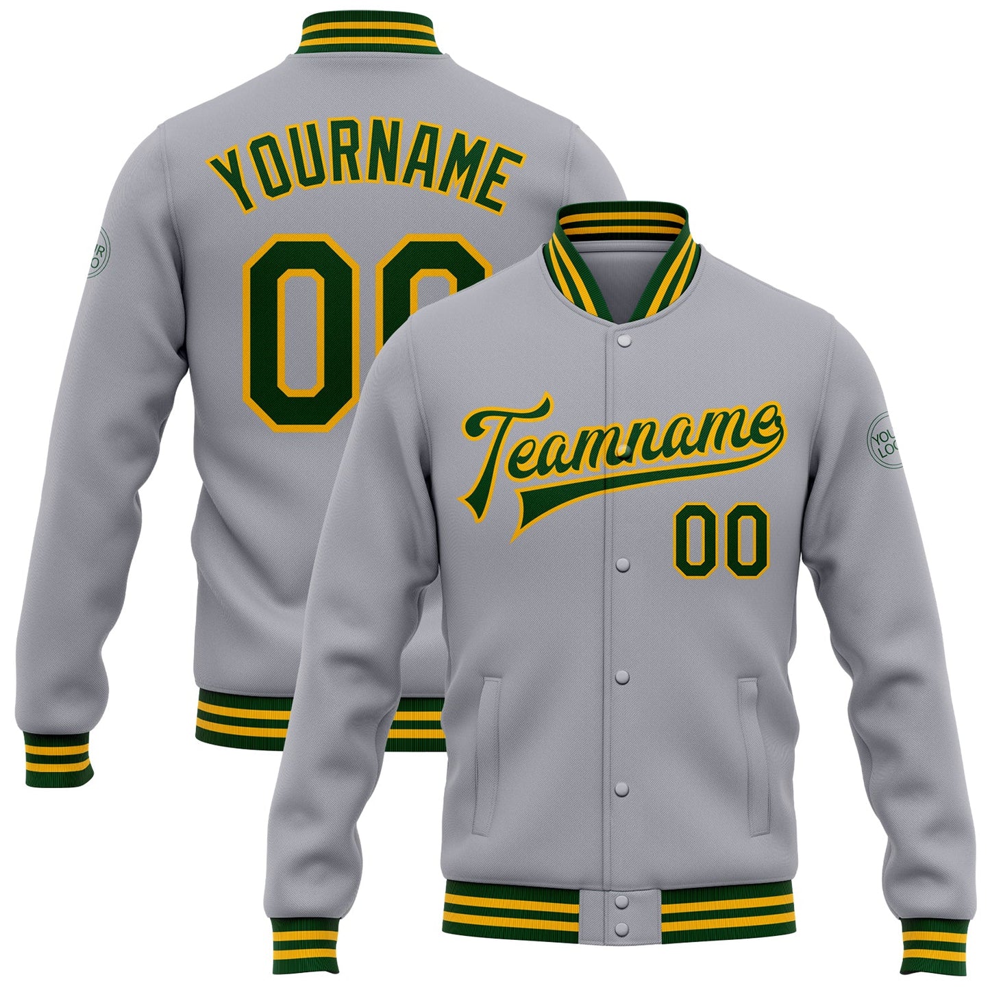 Custom Gray Green-Gold Bomber Full-Snap Varsity Letterman Jacket - Main View