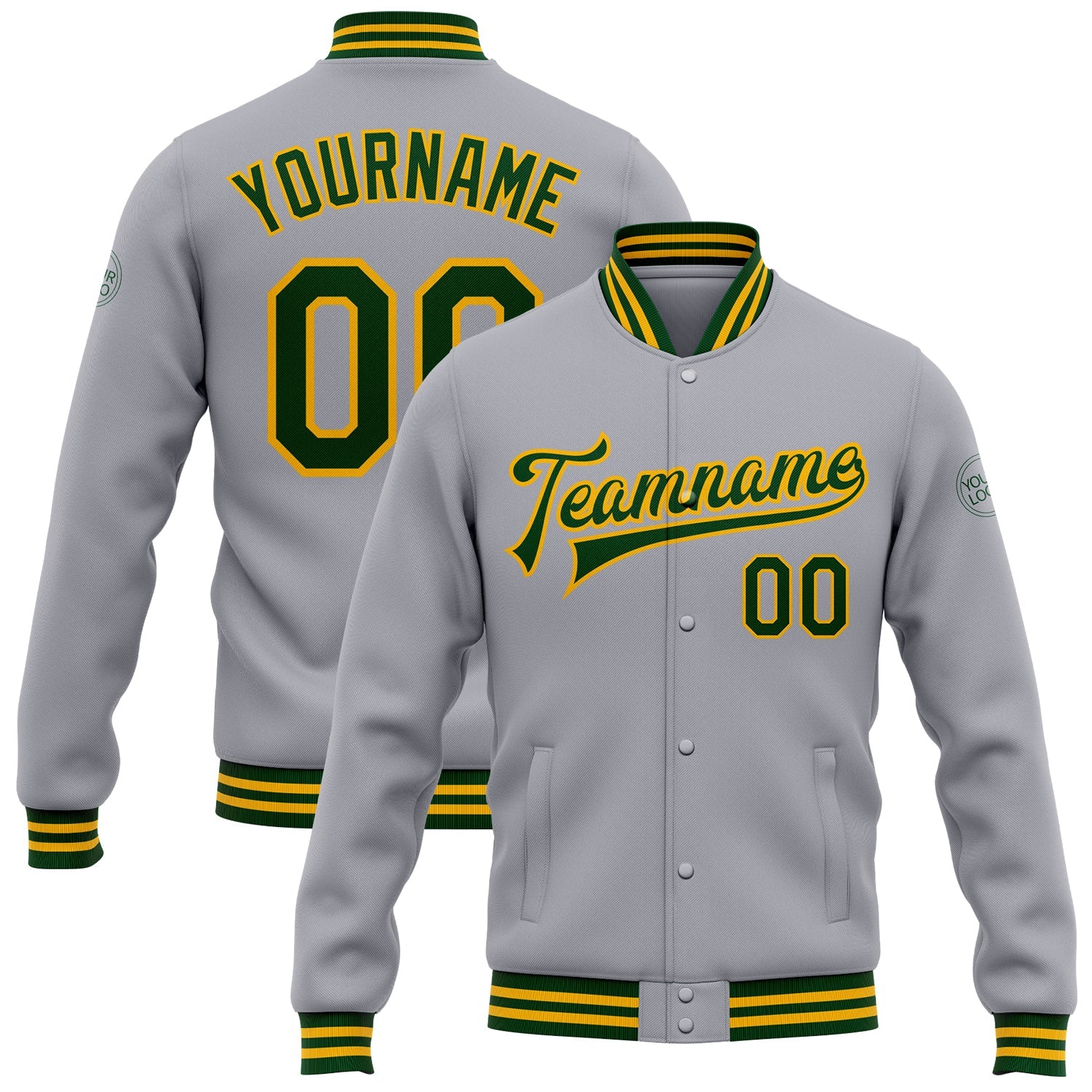 Custom Gray Green-Gold Bomber Full-Snap Varsity Letterman Jacket - Main View