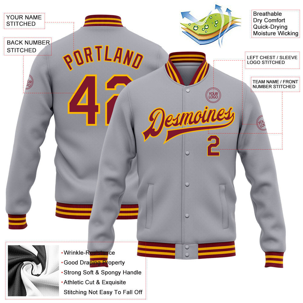 Custom Gray Crimson-Gold Bomber Full-Snap Varsity Letterman Jacket view 5
