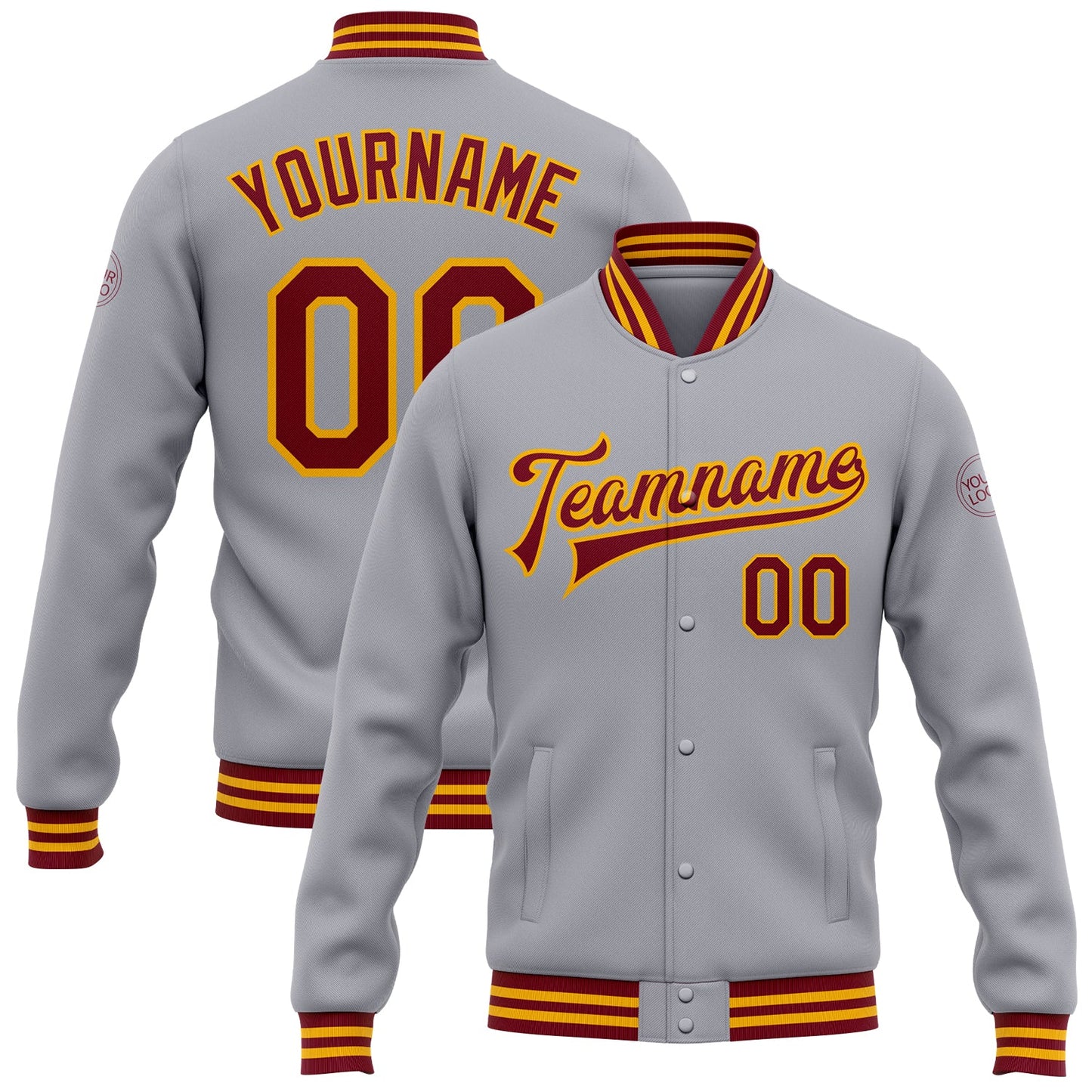 Custom Gray Crimson-Gold Bomber Full-Snap Varsity Letterman Jacket - Main View